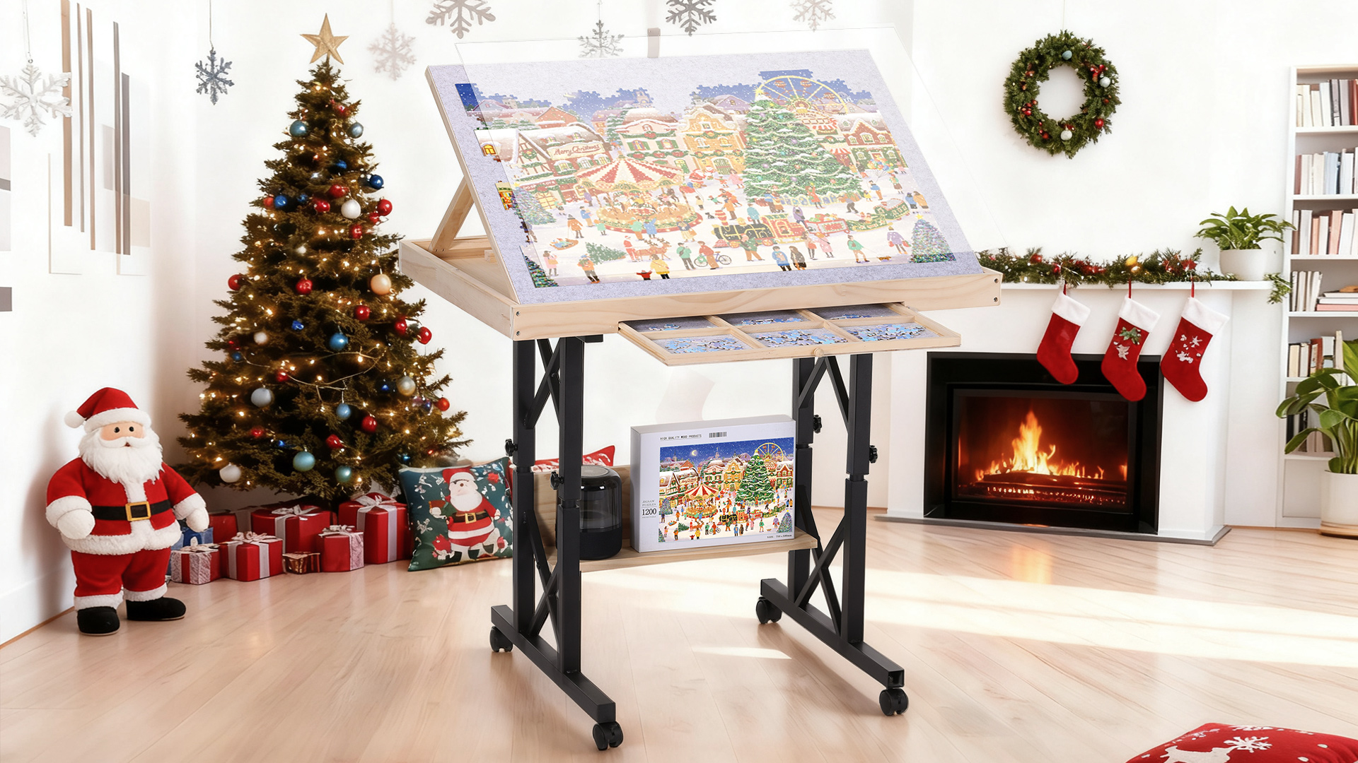 thumbnail video image 2 of FUNTOK 1500 Pieces Puzzle Table with 4 Wheels, Jigsaw Puzzle Table with Drawers Adjustable in Height Angle, Puzzle Board Table with Legs, Cover, Upgraded Stability Easy Sorting for Adults Families, 2 of 11