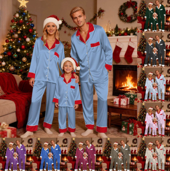 thumbnail video image 2 of HNMKIU Matching Christmas Pajamas for Family Long Sleeve Silk Like Sleepwear Holiday Festive Outfits for Kid Brick Red，Kid_13-14 Years, 2 of 8