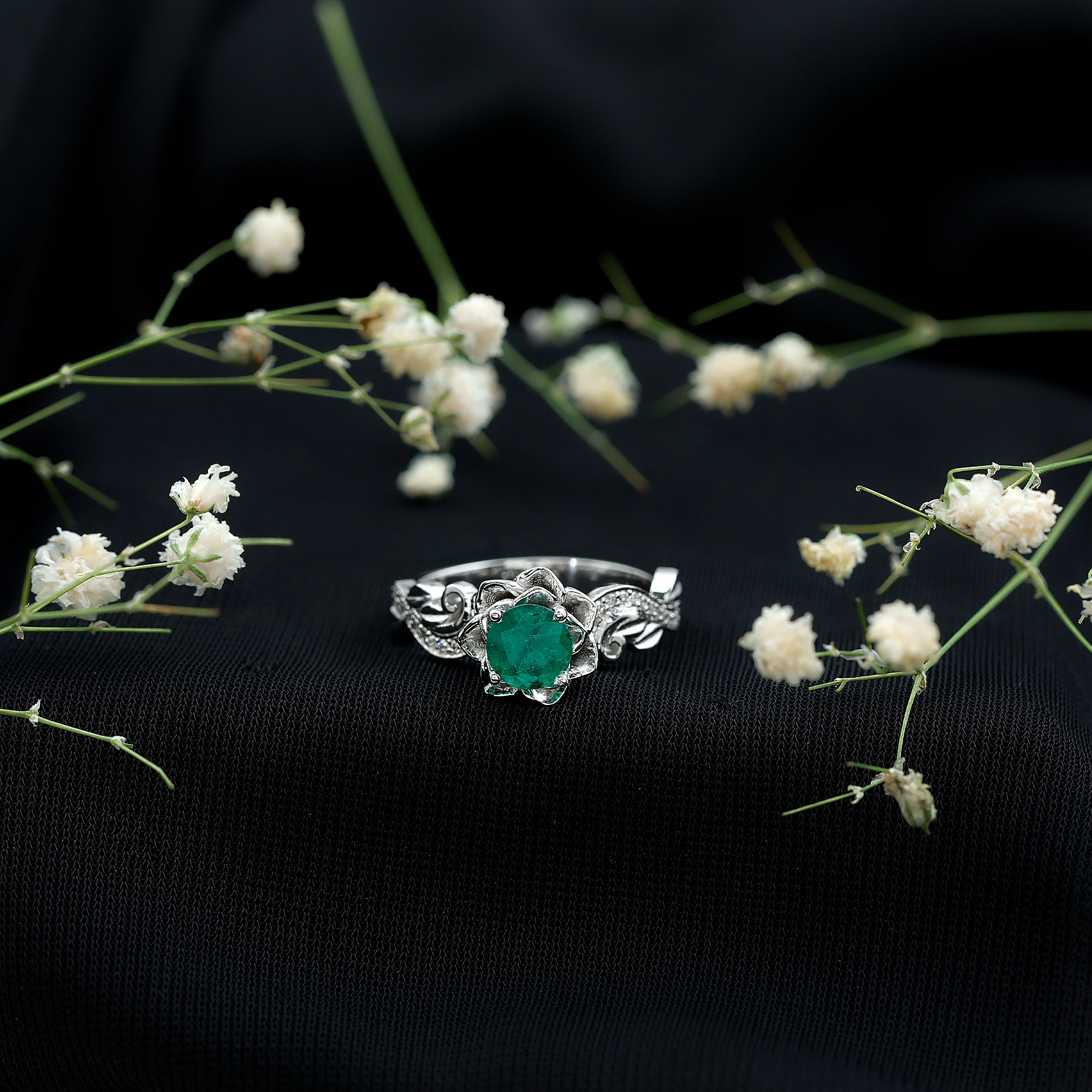 thumbnail video image 2 of Rosec Jewels Nature Inspired Ring for Women, Emerald Flower Ring with Diamond (AAA Quality), 18K Yellow Gold, US 12.00, 2 of 9