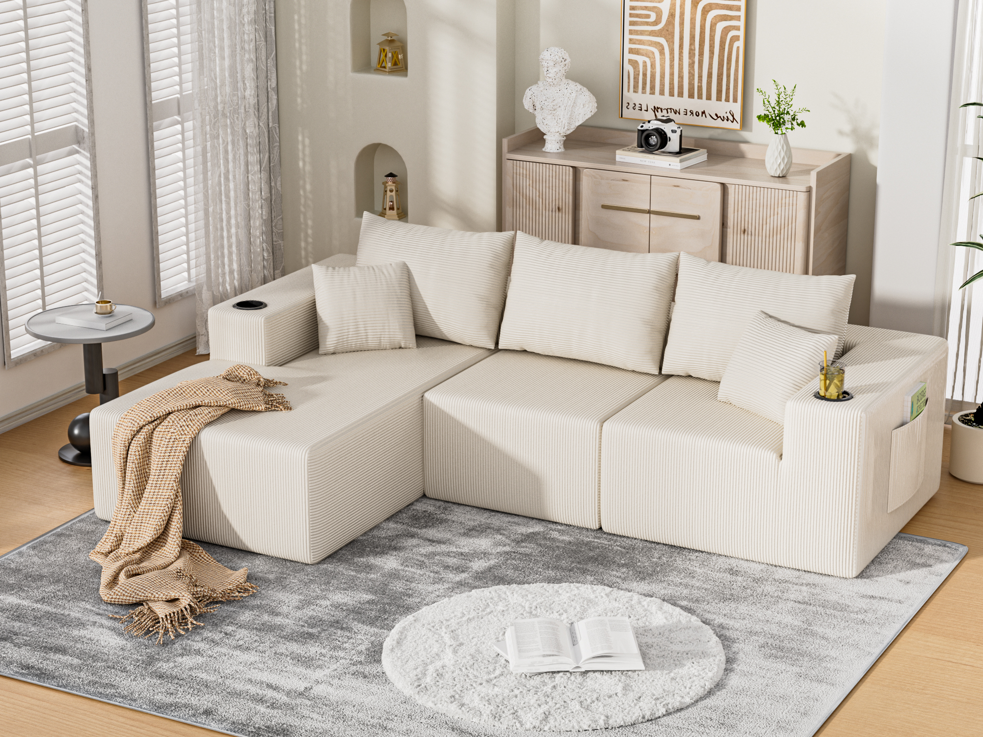 thumbnail video image 2 of 106" Modular Cloud Sectional Sofa, L-Shape Sofa for Living Room, 57" Deep Boneless Couch with 5 Pillows, Cup Holders & Side Pockets, Ultra-Soft Corduroy, No Assembly,Right-Facing Chaise,Dark Grey, 2 of 9
