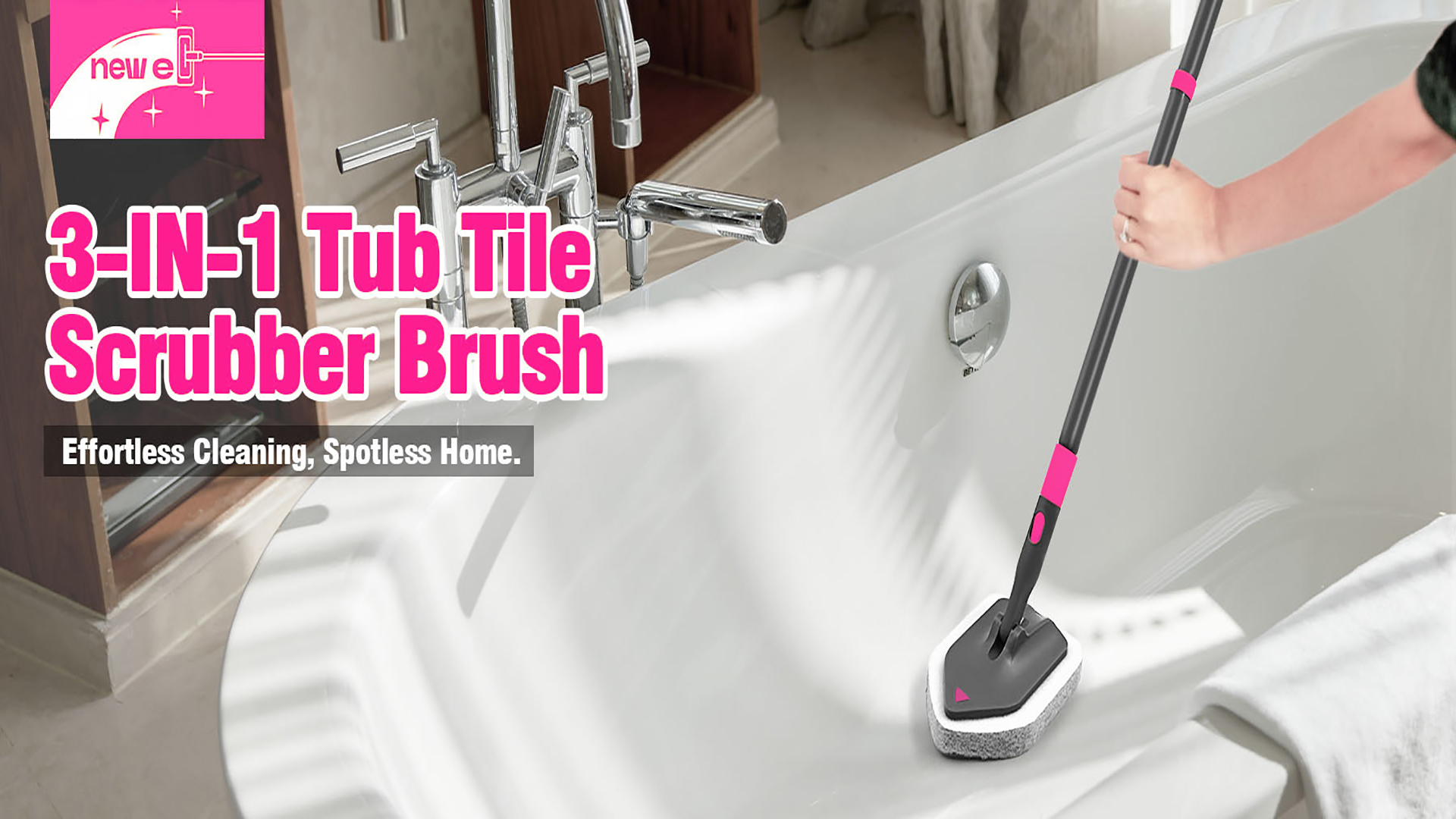 thumbnail video image 2 of NEWE Shower Cleaner Brush, 60 inches Tub Tile Scrubber (Grey Red), 2 of 6