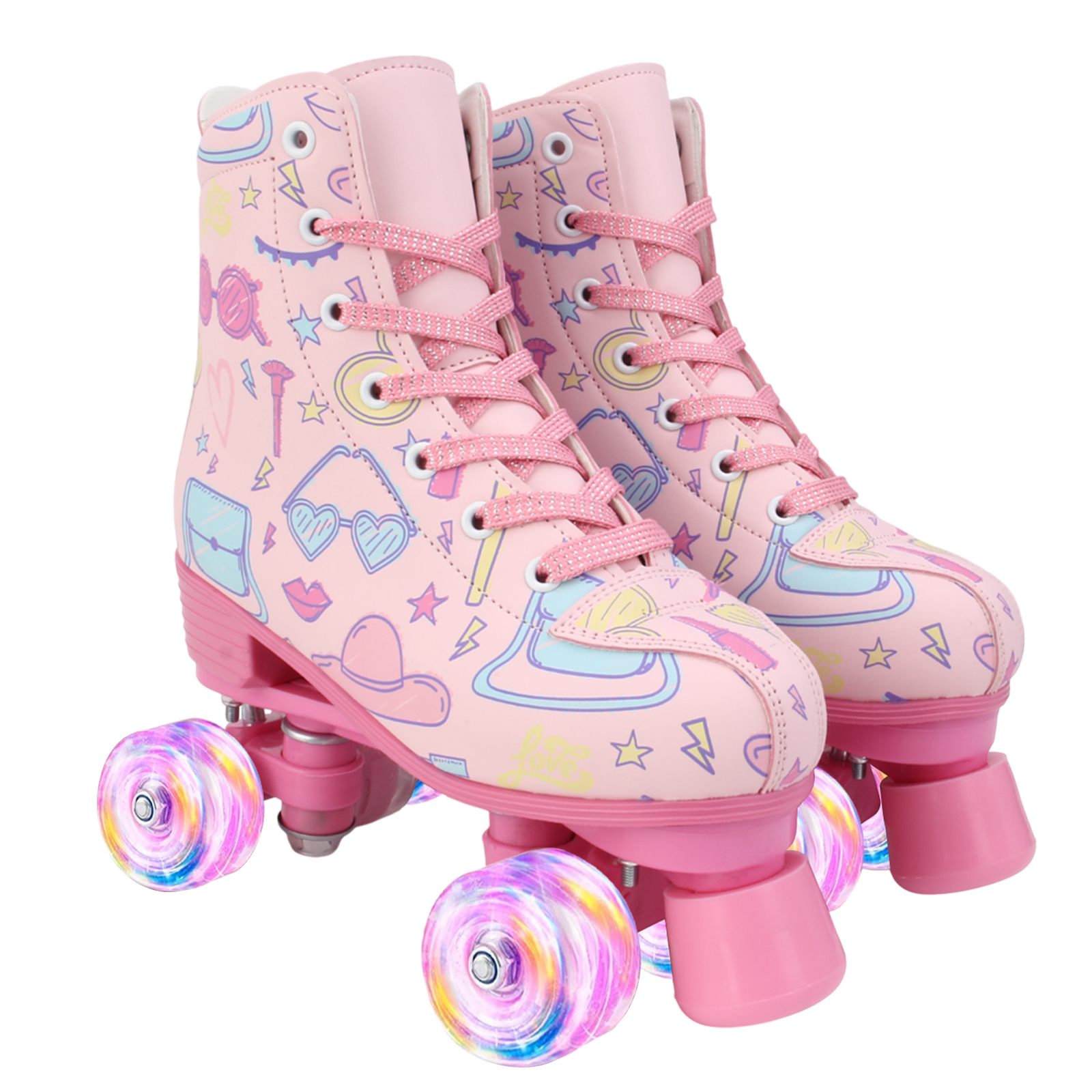 thumbnail video image 2 of LPAMEOIU Kids Roller Skates with Light up Wheels,Quad Skates for Girls Teen,White(Youth 2/Women's 3.5), 2 of 11