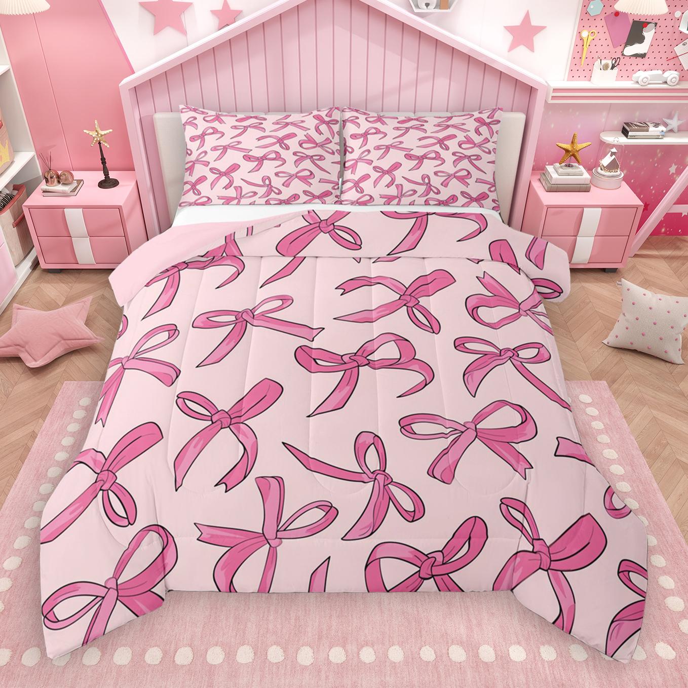 thumbnail video image 2 of Manfei Lovely Bow Queen Comforter Set,Cartoon Bow Tie Bedding Sets,Light Pink Bedding Comforter Set For Kids,Breathable Home Decor Reversible,3pcs, 2 of 9