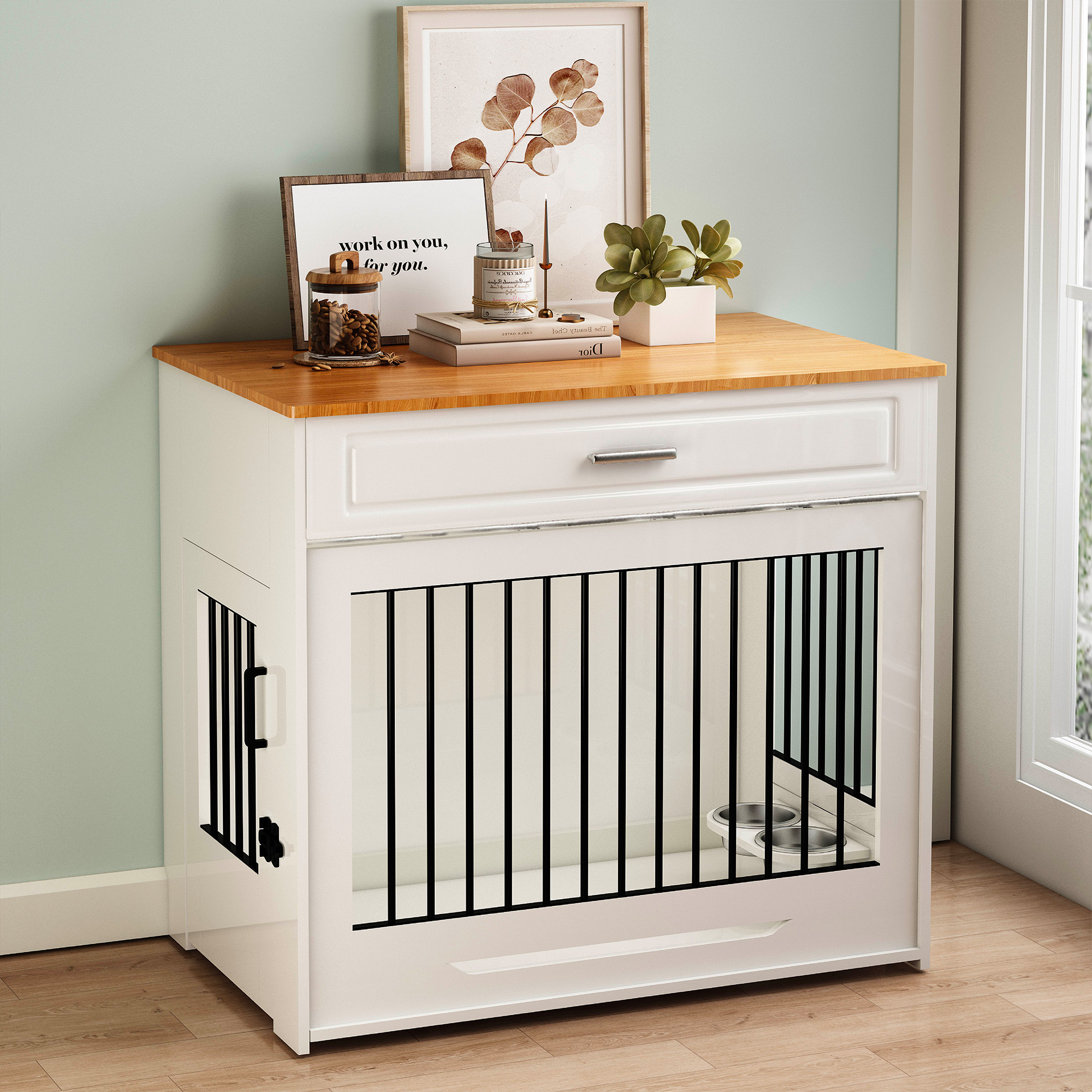 thumbnail video image 2 of Whifea 37.4'' Large Dog Crate Furniture with Flip-up Door, 360° Rotating Feeder, Furniture Style for Large Dogs, White, 2 of 8