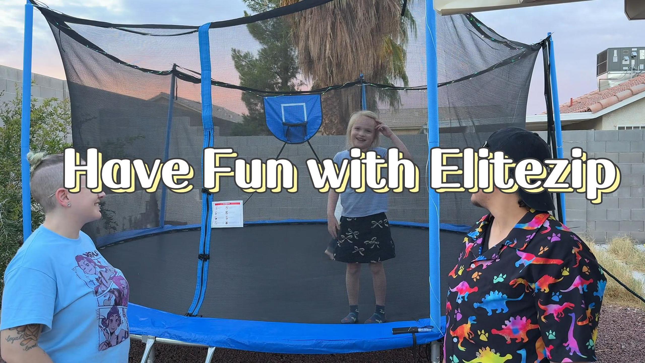 thumbnail video image 2 of Elitezip 1400LBS 14FT Trampoline, Outdoor Trampolines for Kids with Enclosure Net, Trampoline with Basketball Hoop, Light, Sprinkler and Ladder, Heavy Duty Backyard Trampoline, Round Trampolines, 2 of 9