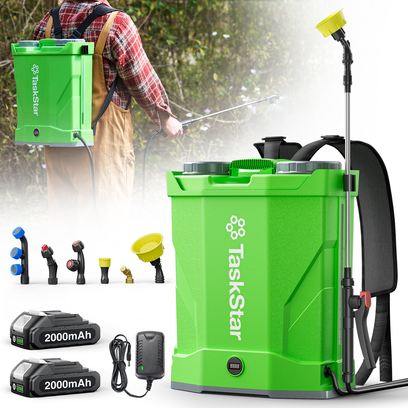 thumbnail video image 2 of TaskStar 4 Gallon Battery Powered Electric Backpack Sprayer ,2*2000mAh Batteries,100 PSI,32" Wand, 6 Nozzles for Lawn Garden Weed Pest Control & Fertilizing, 2 of 10