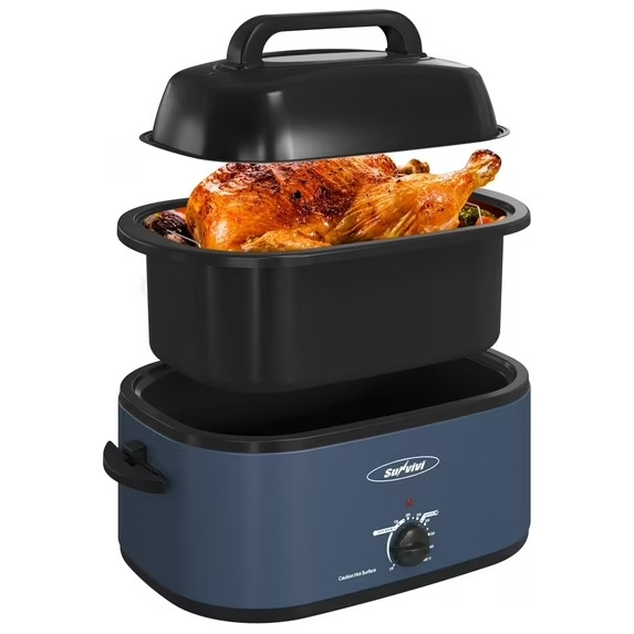 thumbnail video image 2 of Sunvivi 22 Quart Electric Turkey Roaster Oven with Visible Glass Lid, Removable Pan & Rack, Stainless Steel, Blue, 2 of 9