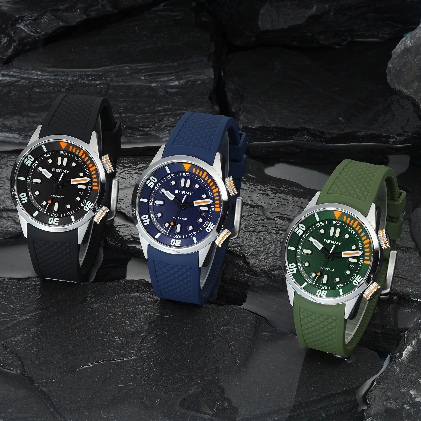 thumbnail video image 2 of BERNY Automatic Dive Watches for Men, Sport 20ATM Waterproof Analog Mechanical Watch with Date, Super Luminous, Silicone Strap, Stainless Steel, Sapphire Crystal, Men's Pro Diver Watch (Blue), 2 of 14