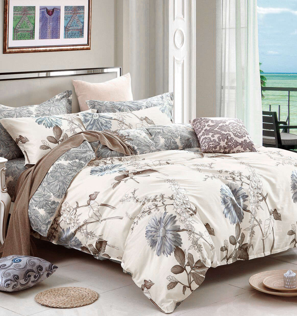 thumbnail video image 2 of Swanson Beddings Daisy Silhouette Floral Print 5-Piece 100% Cotton Bedding Set: Duvet Cover, Two Pillow Shams and Two Pillowcases (Oversized King) (Comforter is NOT included), 2 of 6