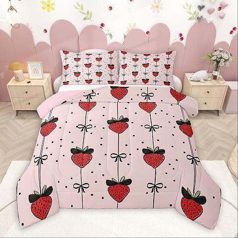 thumbnail video image 2 of Homewish Kawaii Bow Tie Full Size Comforter Sets,Cute Fruit Strawberry Bedding Comforter Set,Pink Red Bedding Sets For Girls Kids,Breathable Home Decor Reversible,3-Piece, 2 of 9