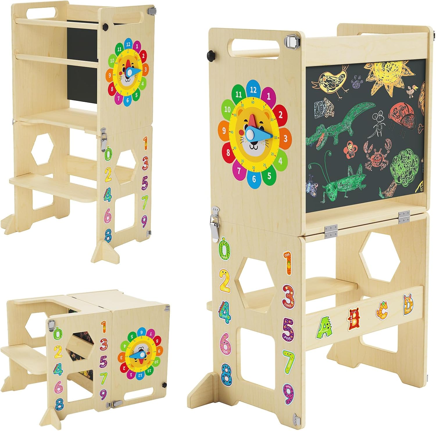 thumbnail video image 2 of KidsBuddy 4-in-1 Toddler Standing Tower,Foldable Toddler Kitchen Tower,Kids Kitchen Step Stool with Blackboard and Wooden Learning Clock,Toddler Stool Helper for Kids, 2 of 8