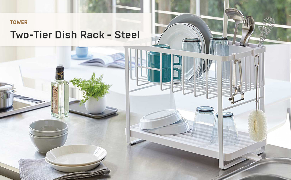 thumbnail video image 2 of Yamazaki Home Two-Tier Dish Rack, White, Steel, Supports 28.6 pounds, Adjustable, Draining Spout, Drain Stopper, Utensil Holder, Water Resistant, No Assembly, 2 of 8