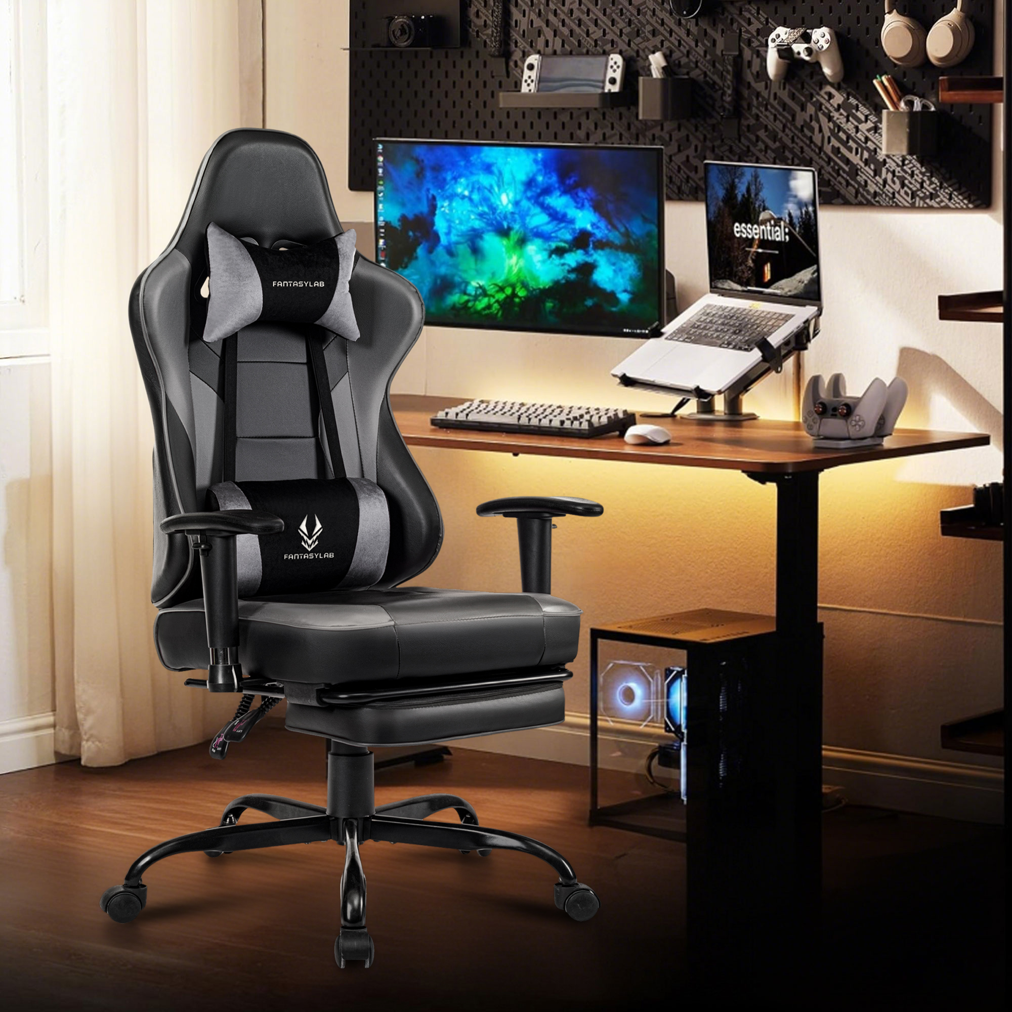 thumbnail video image 2 of JONPONY Big and Tall Gaming Chair with Footrest 400lbs Massage Gamer Chair with Memory Foam Adjustable Tilt Back Angle & Armrest, High Back Leather Computer Office Chair，Grey, 2 of 8