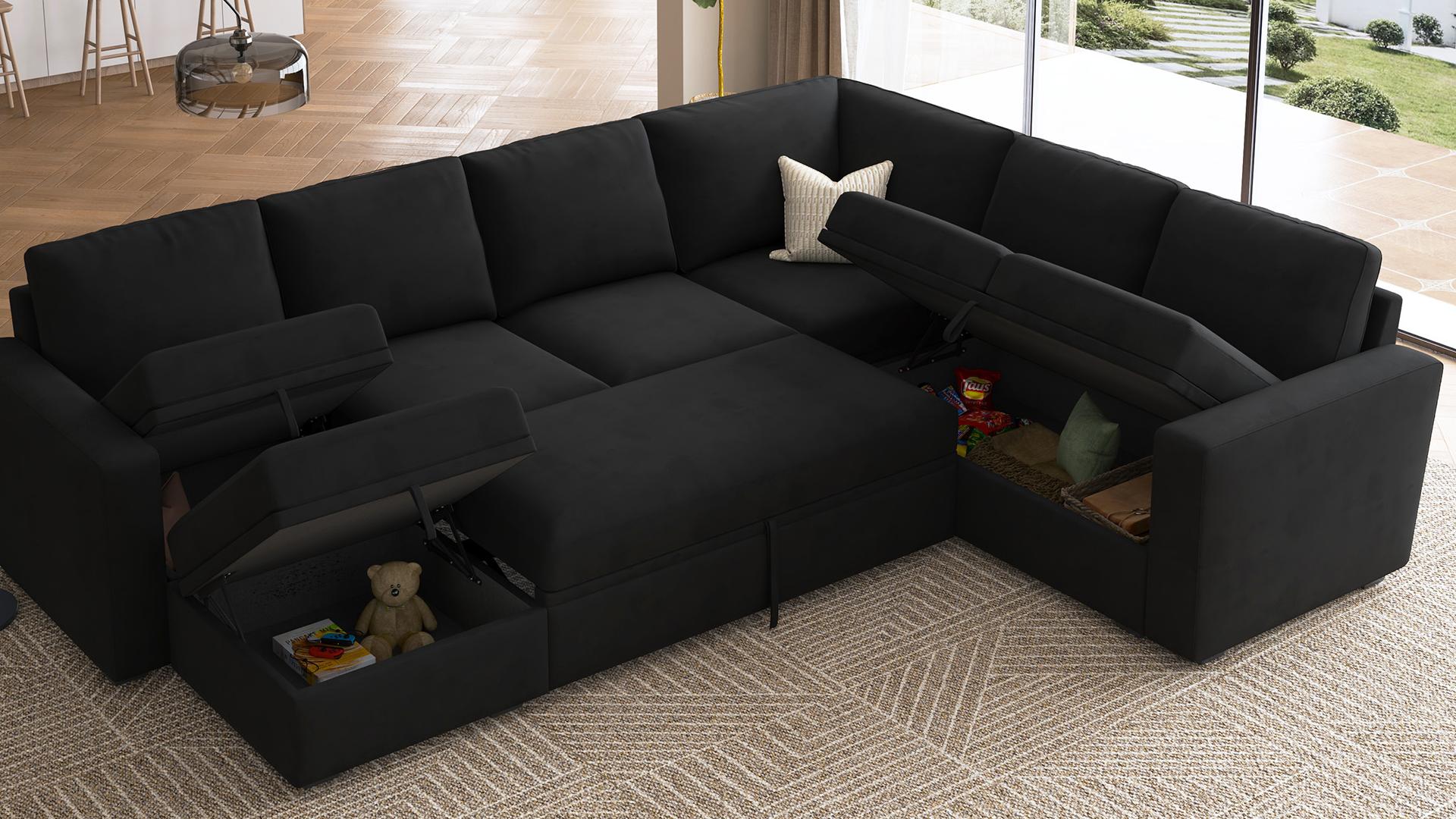 thumbnail video image 2 of HONBAY Modular Sleeper Sectional Sofa Couch Pull Out Couch for Living Room, Black, 2 of 10