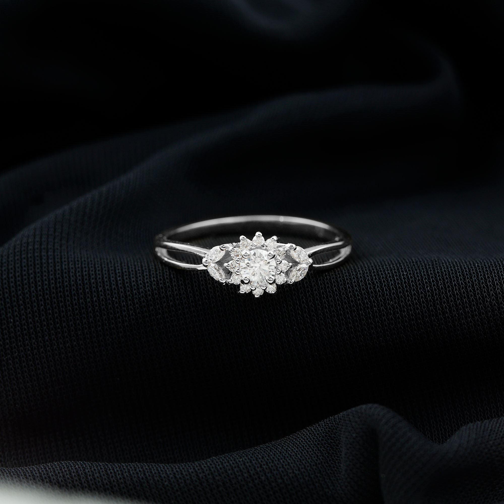 thumbnail video image 2 of Rosec Jewels Moissanite Flower Engagement Ring for Women (D-VS1 Quality Certified) - Cluster Ring with Jewelry Box, 18K White Gold, US 4.00, 2 of 6