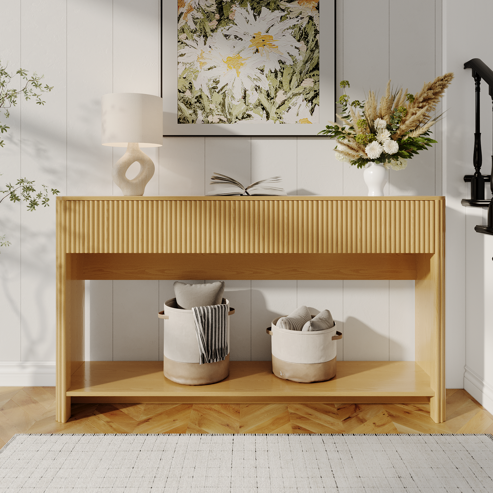 thumbnail video image 2 of UGTOO Walnut Hollow Console Table – 3-Drawer Entryway Desk with Kick-Toe Design, 200 lb Capacity (47.2"L x 11.8"W), 2 of 6