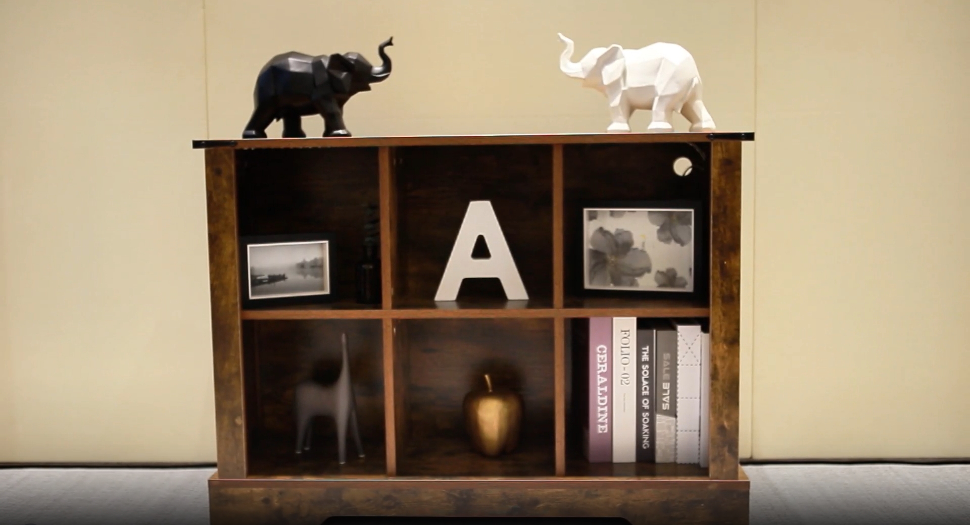 thumbnail video image 2 of 6-Cube LED Bookshelf, Mid-Century Modern Wood Storage Shelf for Bedroom, Living Room & Office, Brown, 2 of 7
