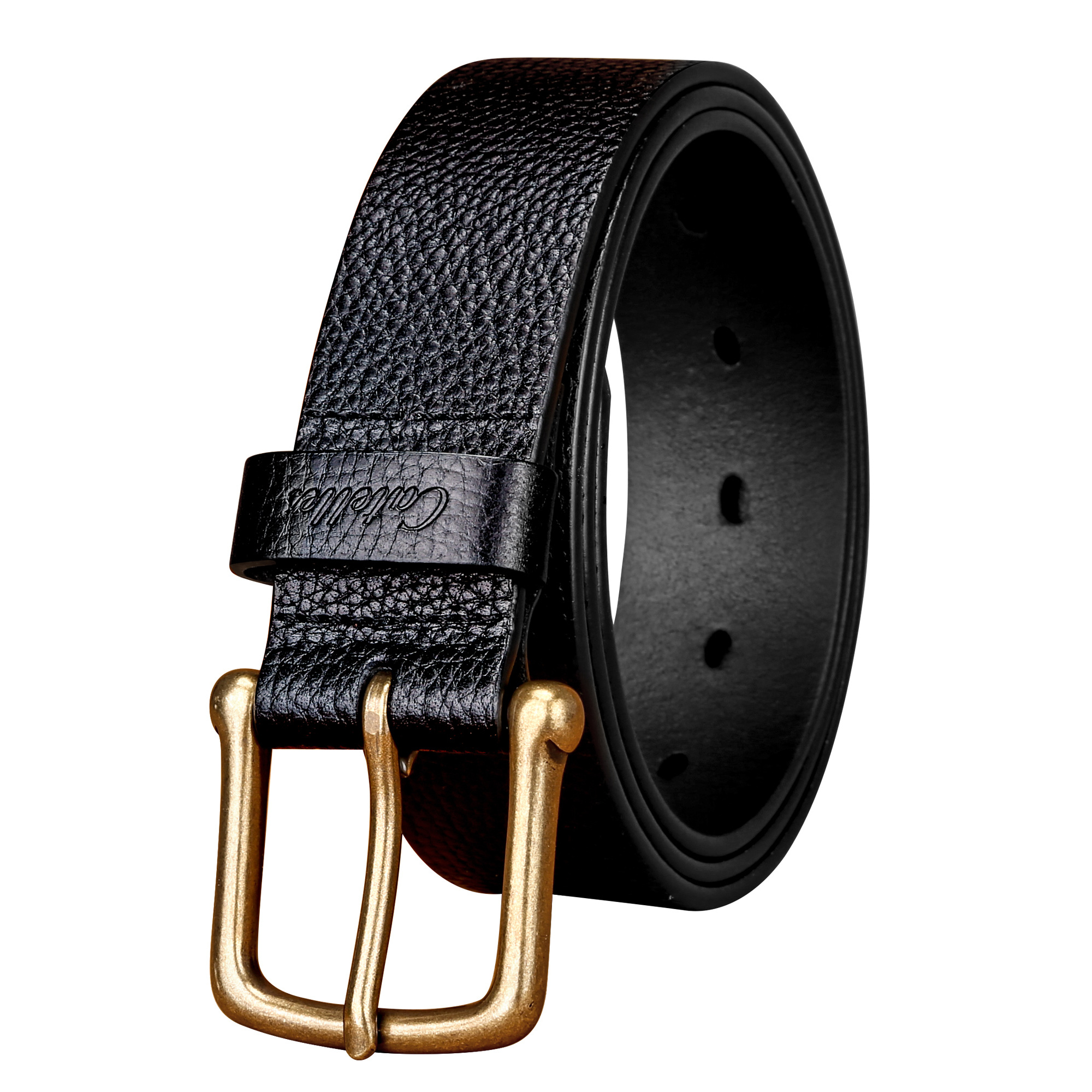 thumbnail video image 2 of Catelles Men's Genuine Leather Pin Brass Buckle Black Belt, Business Casual Wear&For waist 50in Width 1.5in(3.8cm), 2 of 8