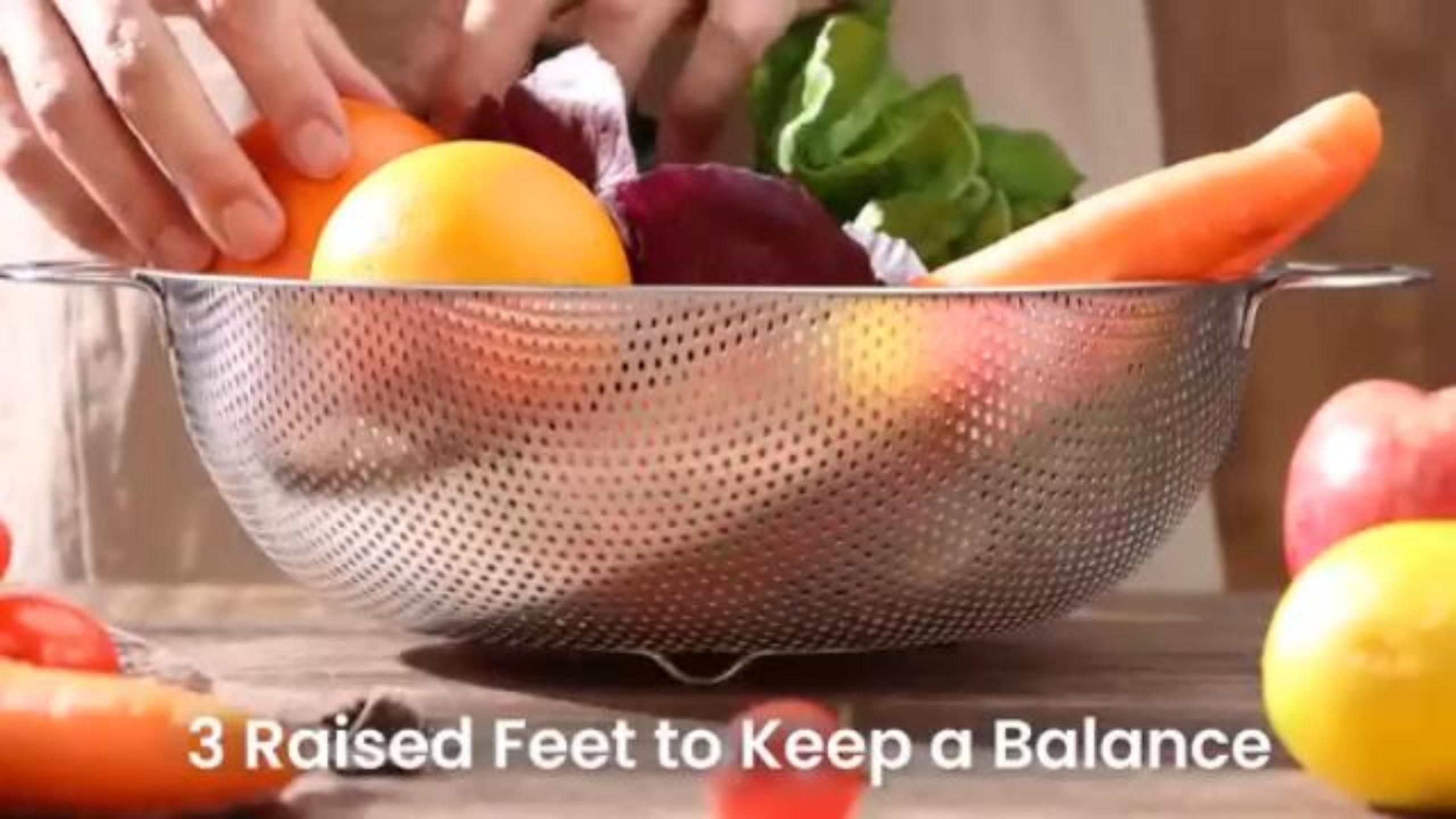 thumbnail video image 2 of Colander Set of 3, AOKIWO Stainless Steel Micro-Perforated Colanders Strainers for Draining Rinsing Washing, Ideal for Pasta Vegetables Fruits, Heavy Duty & Dishwasher Safe - 1/3/5 Quart, 2 of 9