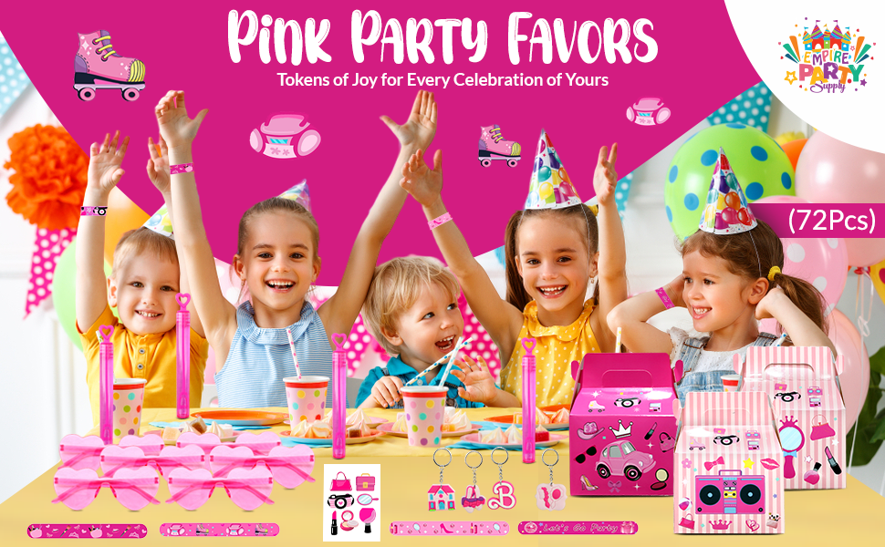 thumbnail video image 2 of Pink Party Favors, Princess Party Stickers Keychain Hot Pink Sunglass Bubble Wand Treat Box for Girl Birthday Supplies (72 Pcs), 2 of 5