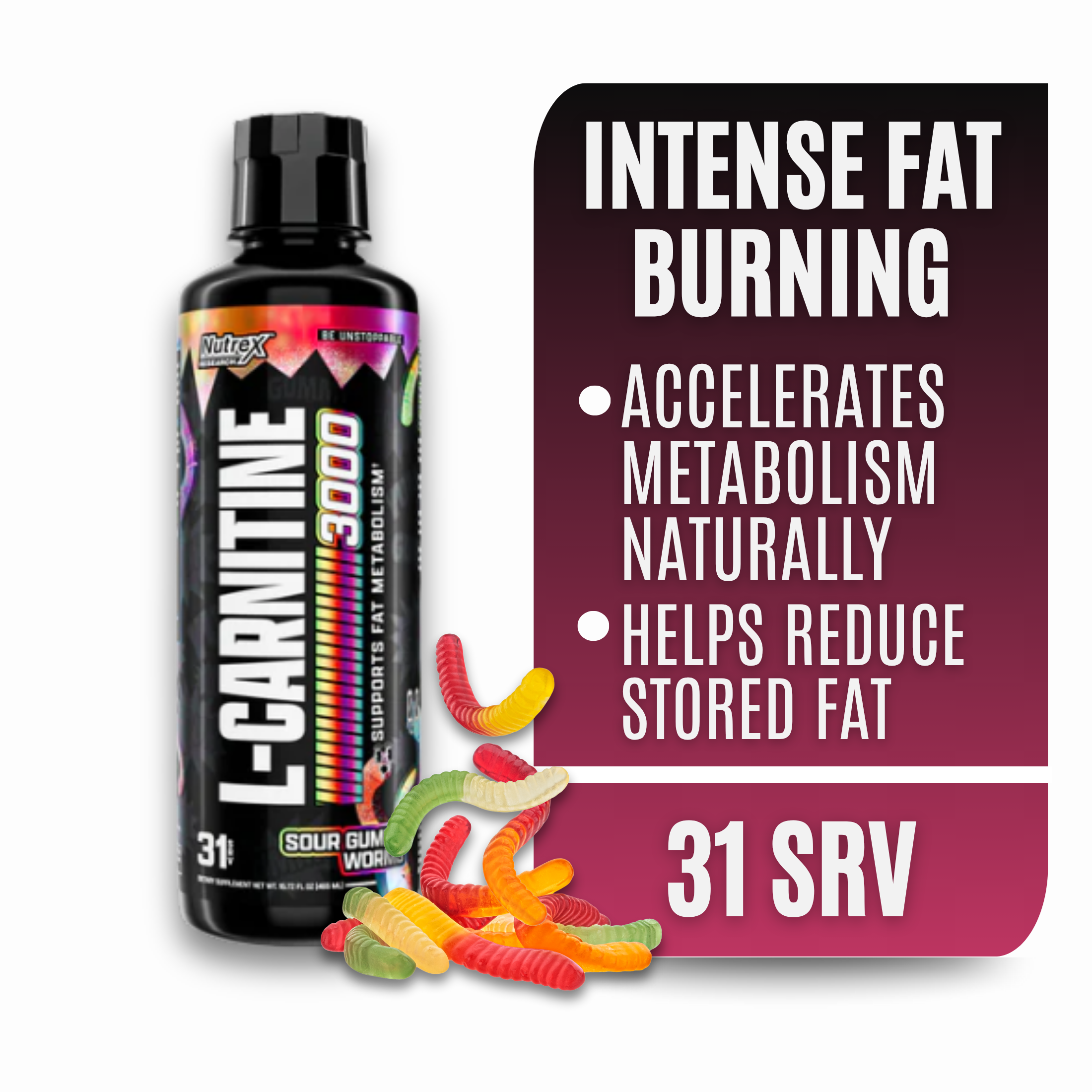 thumbnail video image 2 of Nutrex Research Liquid L-Carnitine 3000 Sour Gummy Worms Fat Metabolism Energy Support Drink 31 Servings, 2 of 11