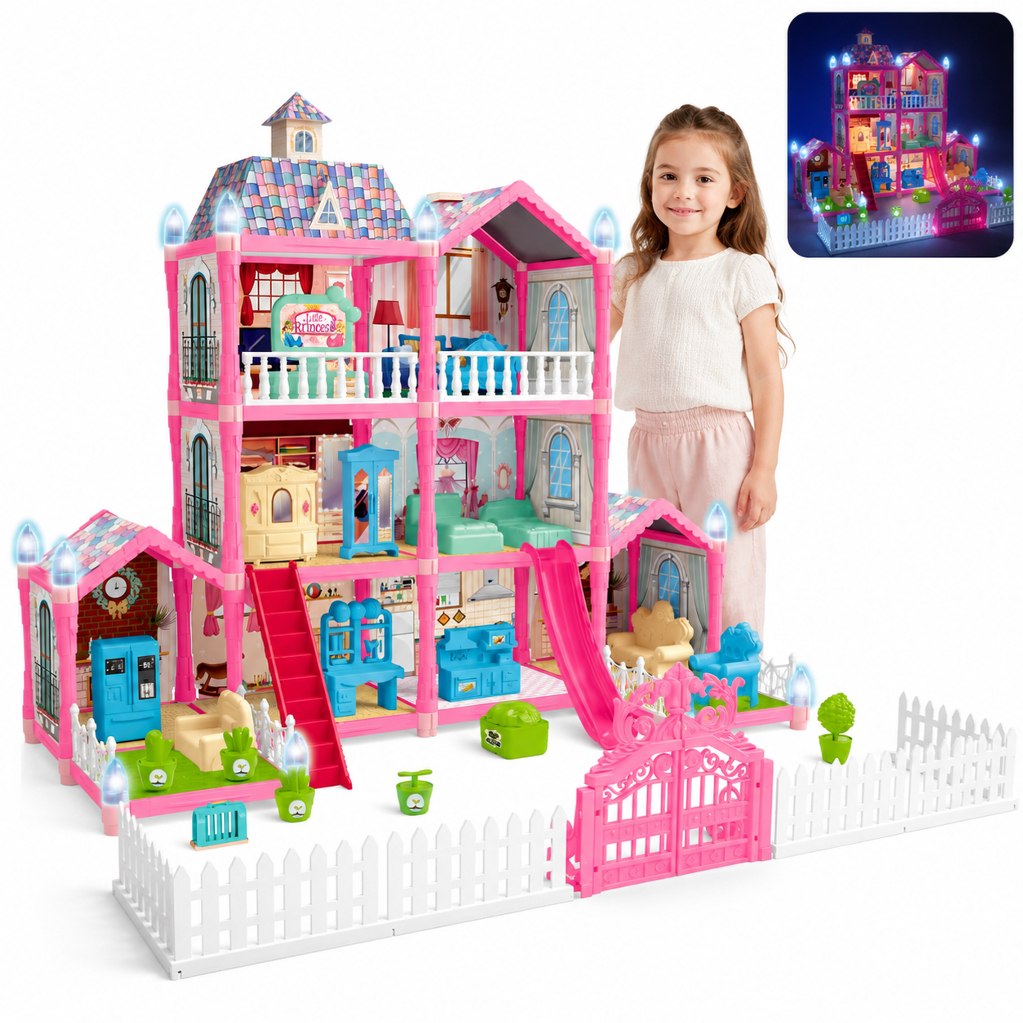 thumbnail video image 2 of Lenbar Dollhouse Castle Villa Building Set with Colorful Lights, 10 Room Pretend Play House with 1 Doll and 1 Castle Roof, DIY Building Kit for Kids Ages 3+, 2 of 9