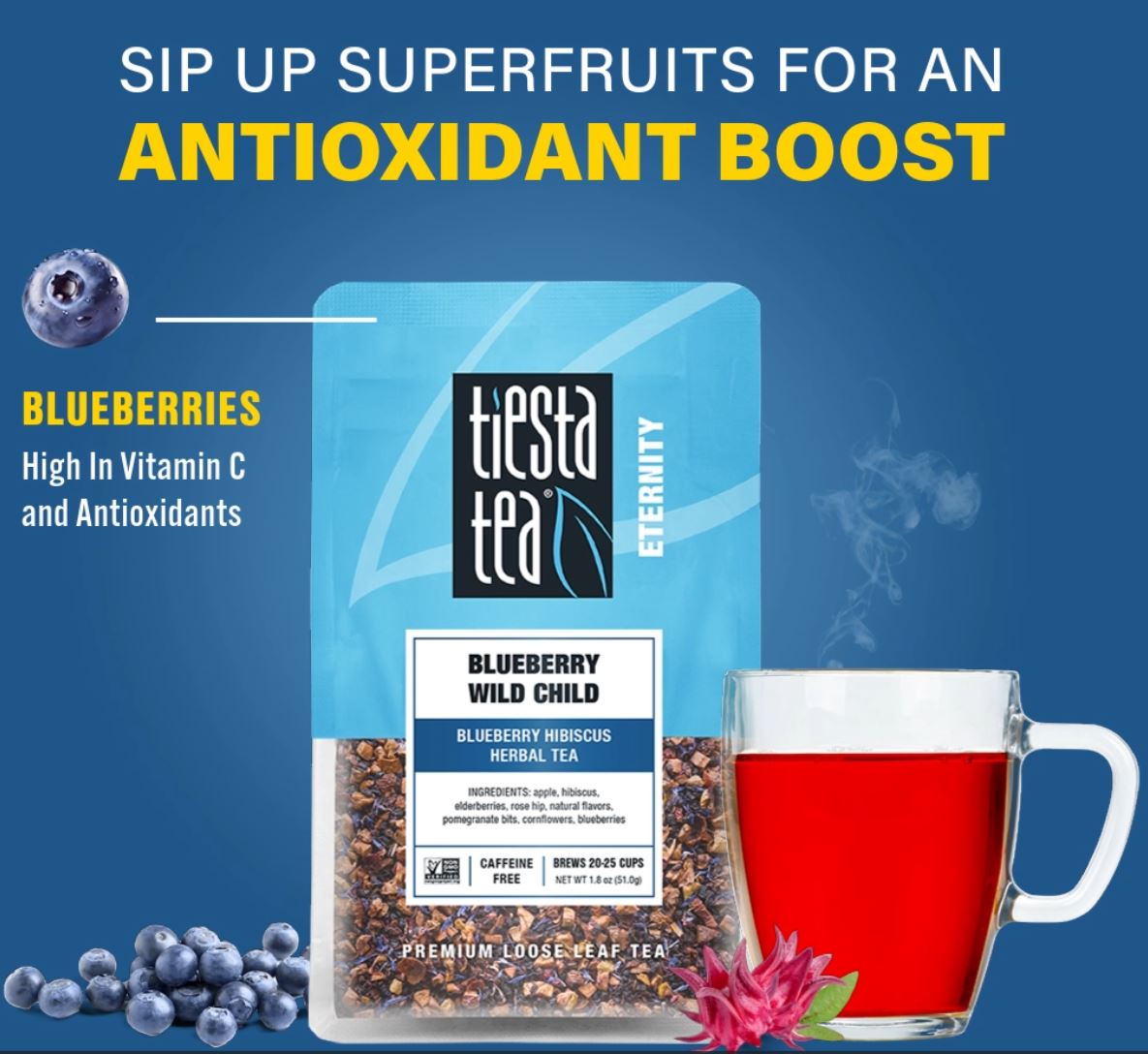 thumbnail video image 2 of Tiesta Tea - Blueberry Wild Child, Eternity Loose Leaf Fruit Tea, Caffeine Free, GMO-Free, Make Hot or Iced Tea & Brews Up to 25 Cups - 1.8 Ounce Resealable Pouch, 2 of 10