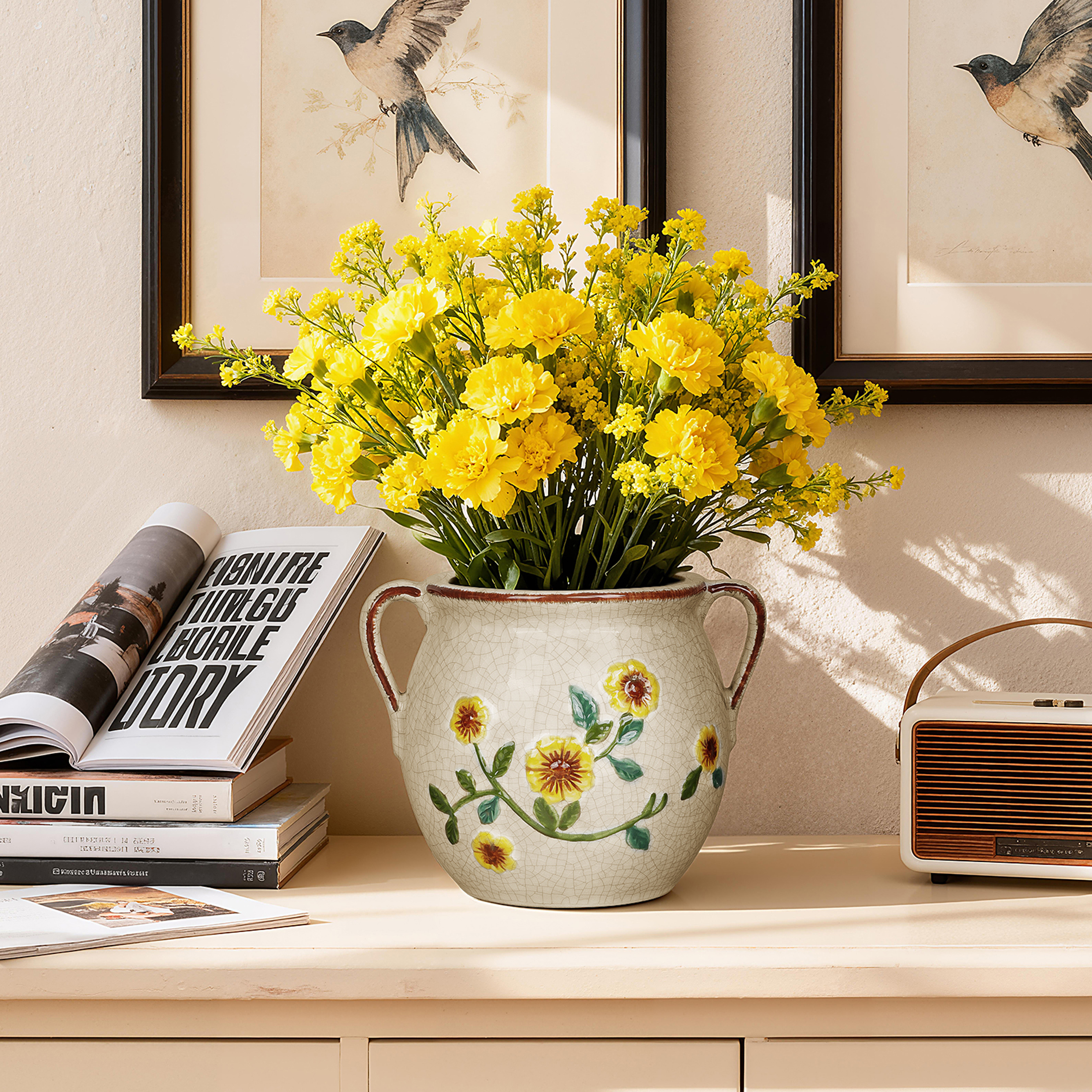 thumbnail video image 2 of BUYMAX 6 inch Rustic Ceramic Planter with Handles, Embossed Sunflower Pot, Vintage Crackle Glaze Flower Container for Home & Garden Décor, 2 of 8