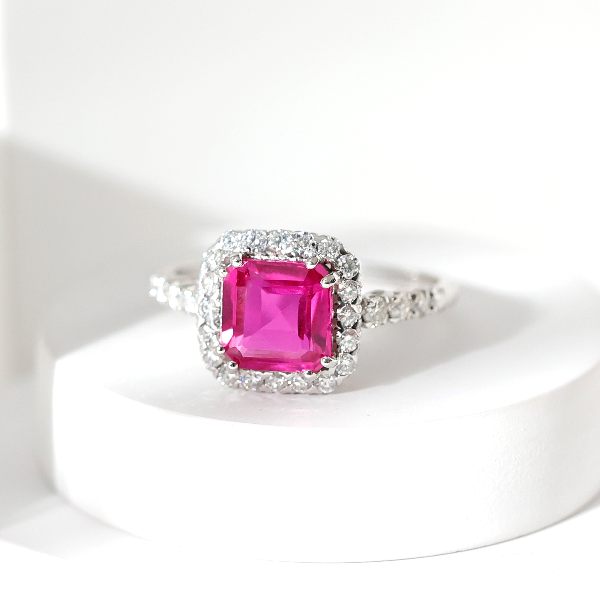 thumbnail video image 2 of Rosec Jewels Pink Sapphire Halo Engagement Ring for Women - (AAAA Quality, 9 mm) Asscher Cut Lab Sapphire Ring with Moissanite, 10K White Gold, US 4.50, 2 of 7