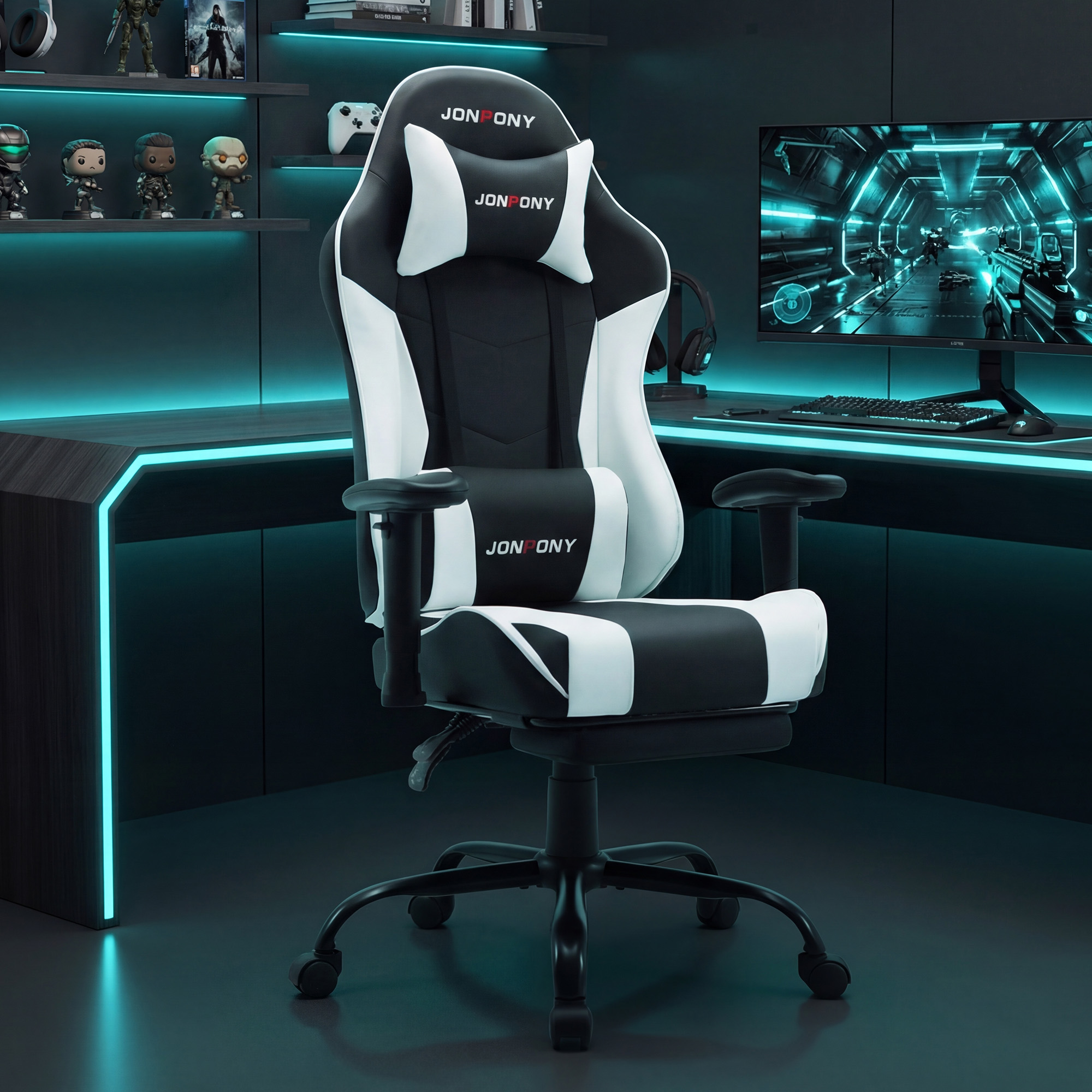 thumbnail video image 2 of JONPONY Big and Tall 500LBS Gaming Chair with Footrest and Lumbar Support, High Back Ergonomic Recliner,Height Adjustable Leather Computer Desk Chair for Home Office, White, 2 of 8