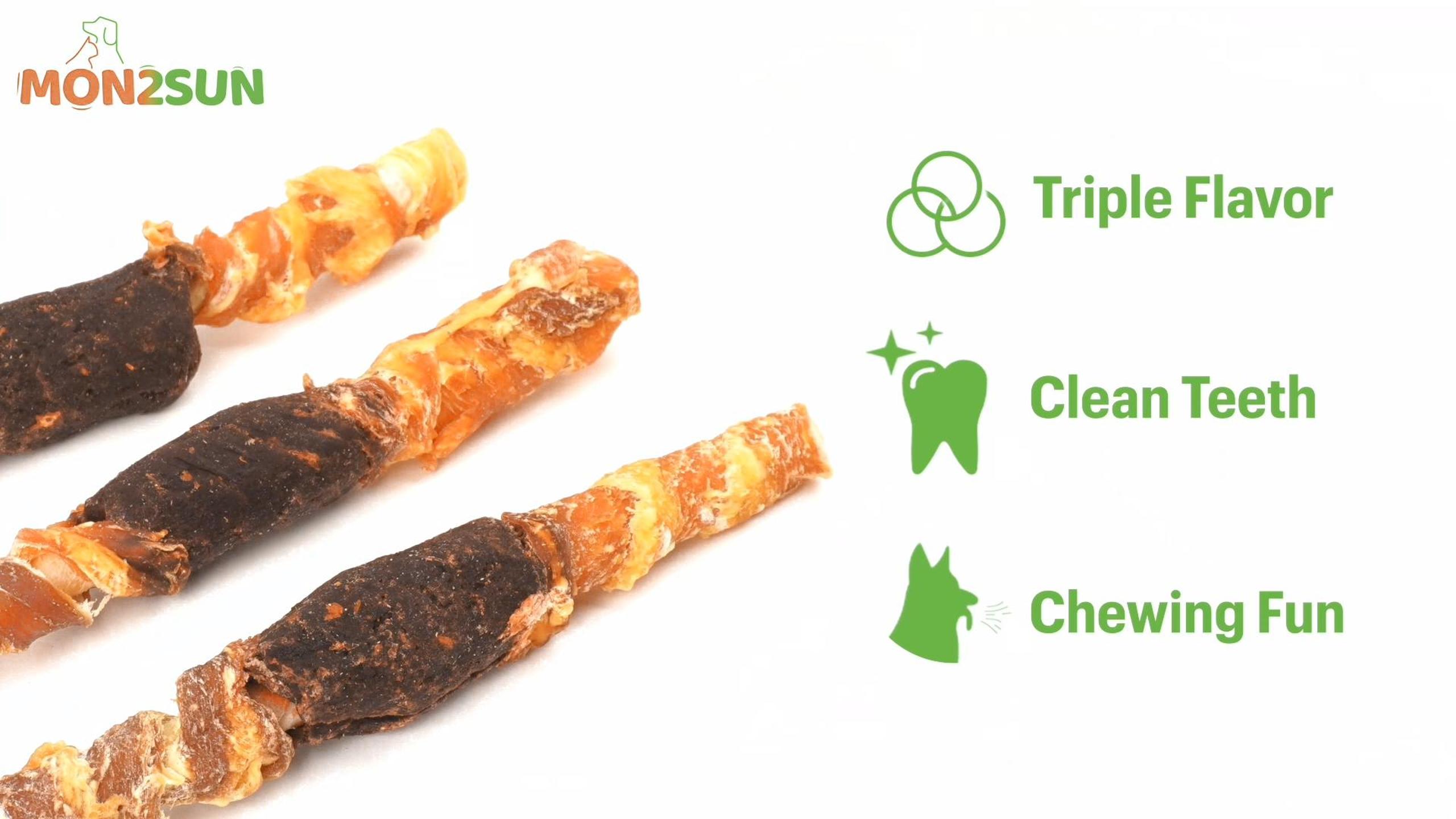 thumbnail video image 2 of (2 pack) MON2SUN Chicken Liver Duck & Chicken Wrapped Rawhide Small Dog Treats, 13 oz (18 Count), 2 of 12
