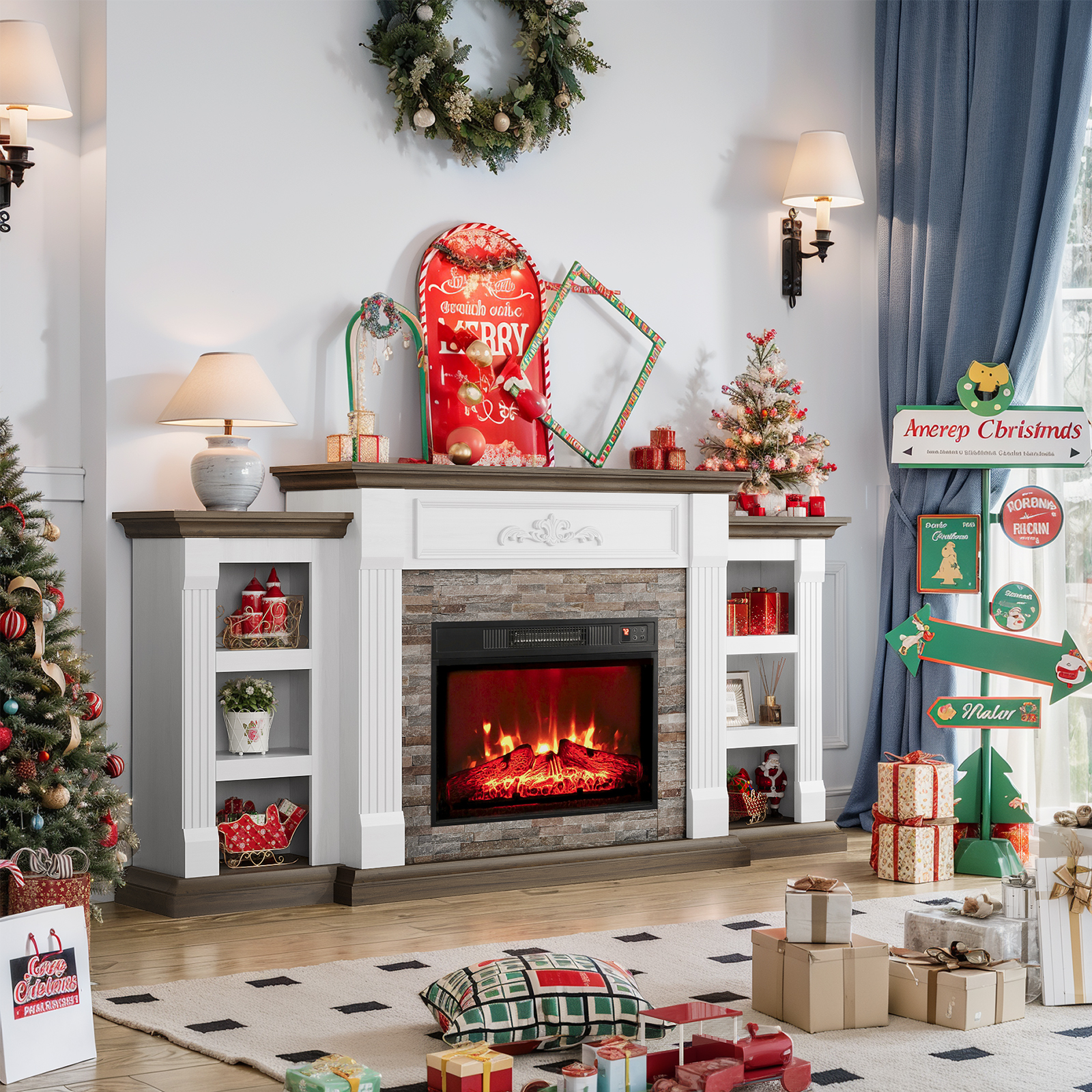 thumbnail video image 2 of Holliwill 72" Electric Fireplace with Mantel, Farmhouse TV Stand for TVs up to 80", White Entertainment Center with 23" Fireplace Insert Heater for Living Room, Bedroom, 2 of 13