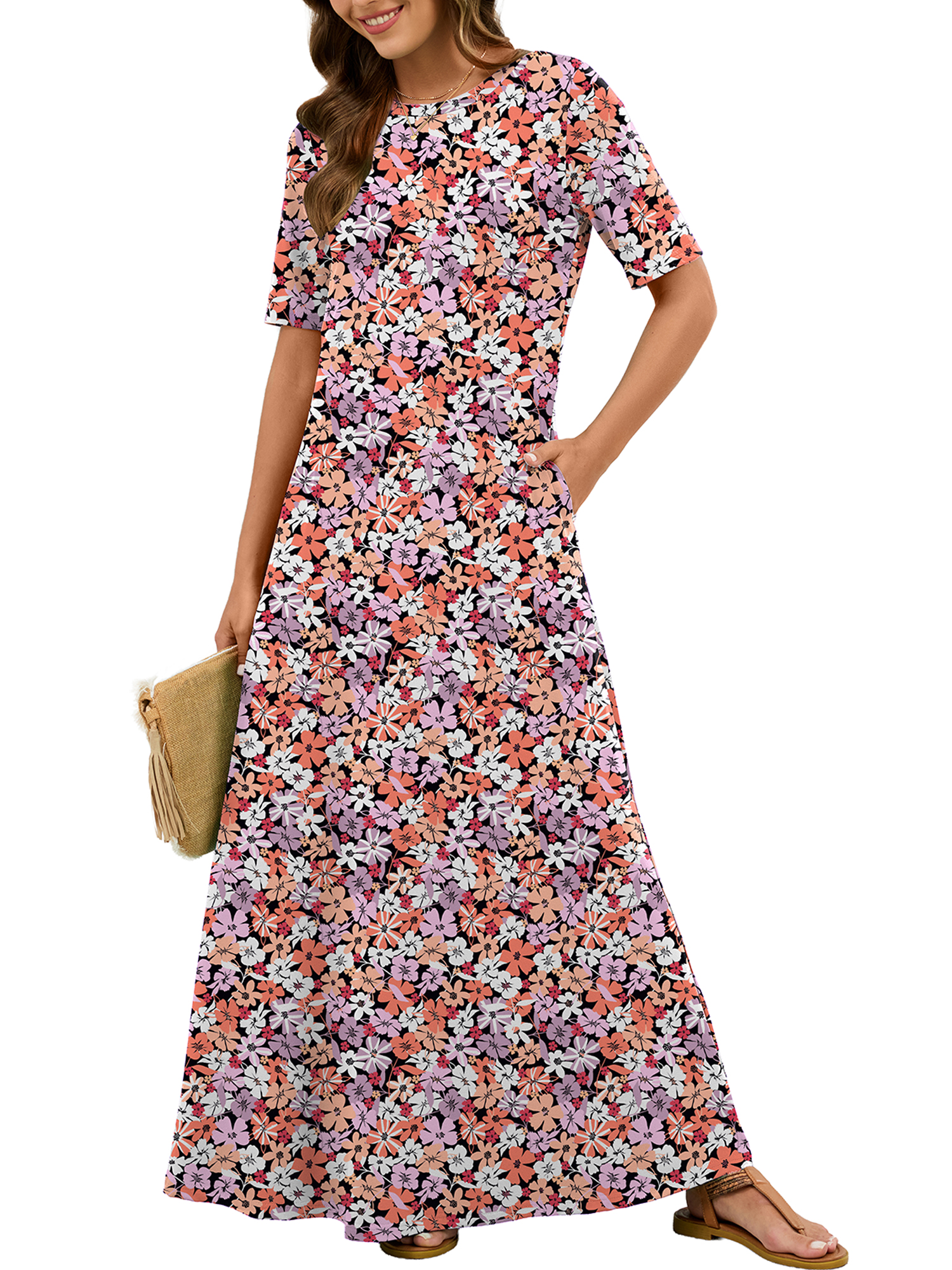 thumbnail video image 2 of Chiclily Women's Summer Short Sleeve Maxi Dress with Pockets - Soft Casual Loose Long Boho Sundress for Beach & Vacation, Numerous Flowers Size L, 2 of 8