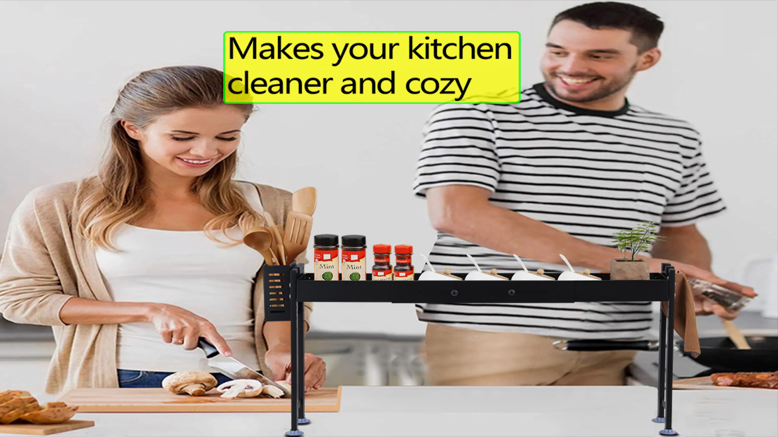 thumbnail video image 2 of Horynar Spice Rack for Countertop Over the Stove Spice Shelf for Kitchen Spice Rack Organizer with Extra Basket and Hooks Countertop Black Spice Rack Shelf Great for Magnetic Stove Top Shelf, 2 of 8