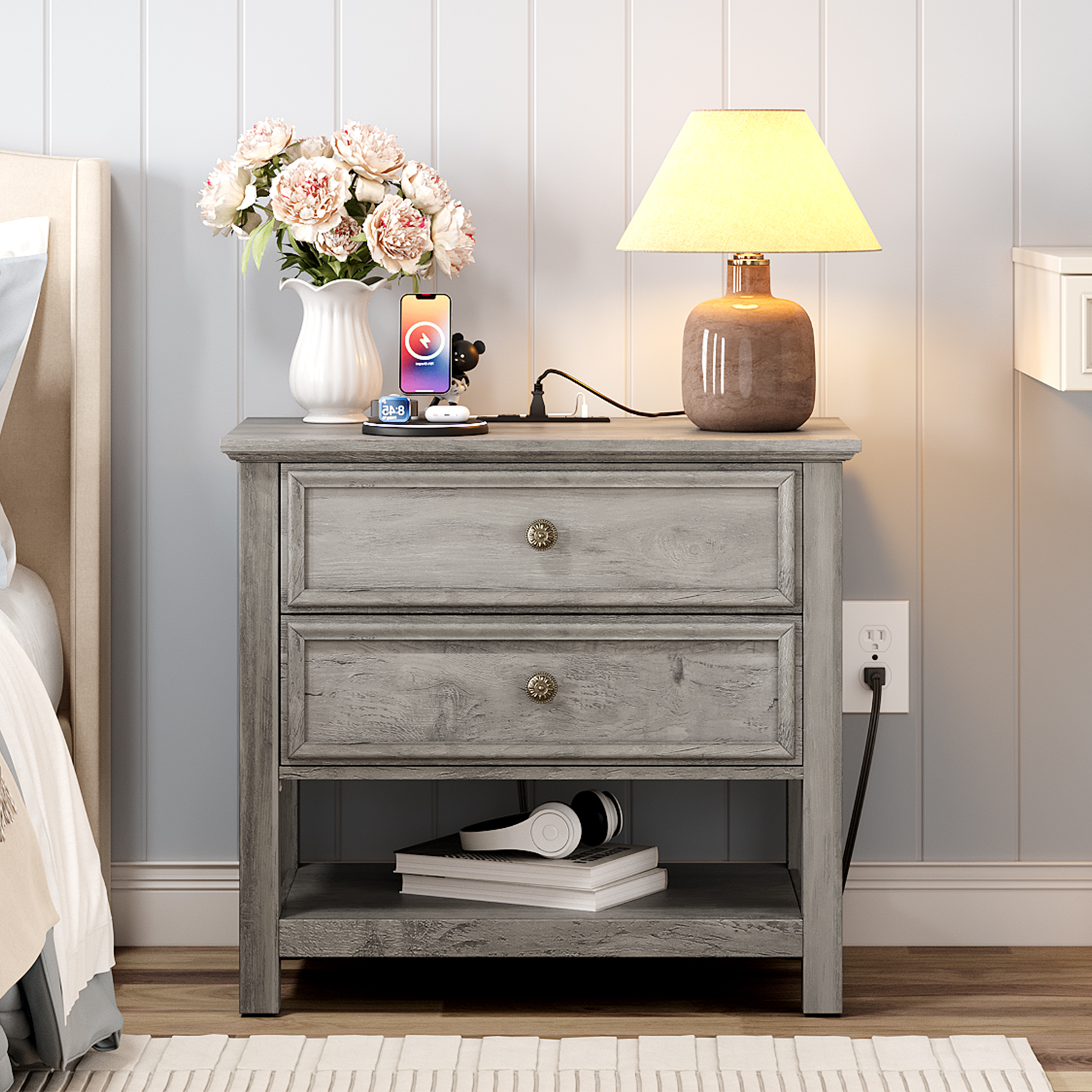 thumbnail video image 2 of LGHM 2 Drawer Nightstand with Charging Station, 26.7" Large Bedside Table with Open Shelf, Dresser for Bedroom, Living Room, Gray, 2 of 10