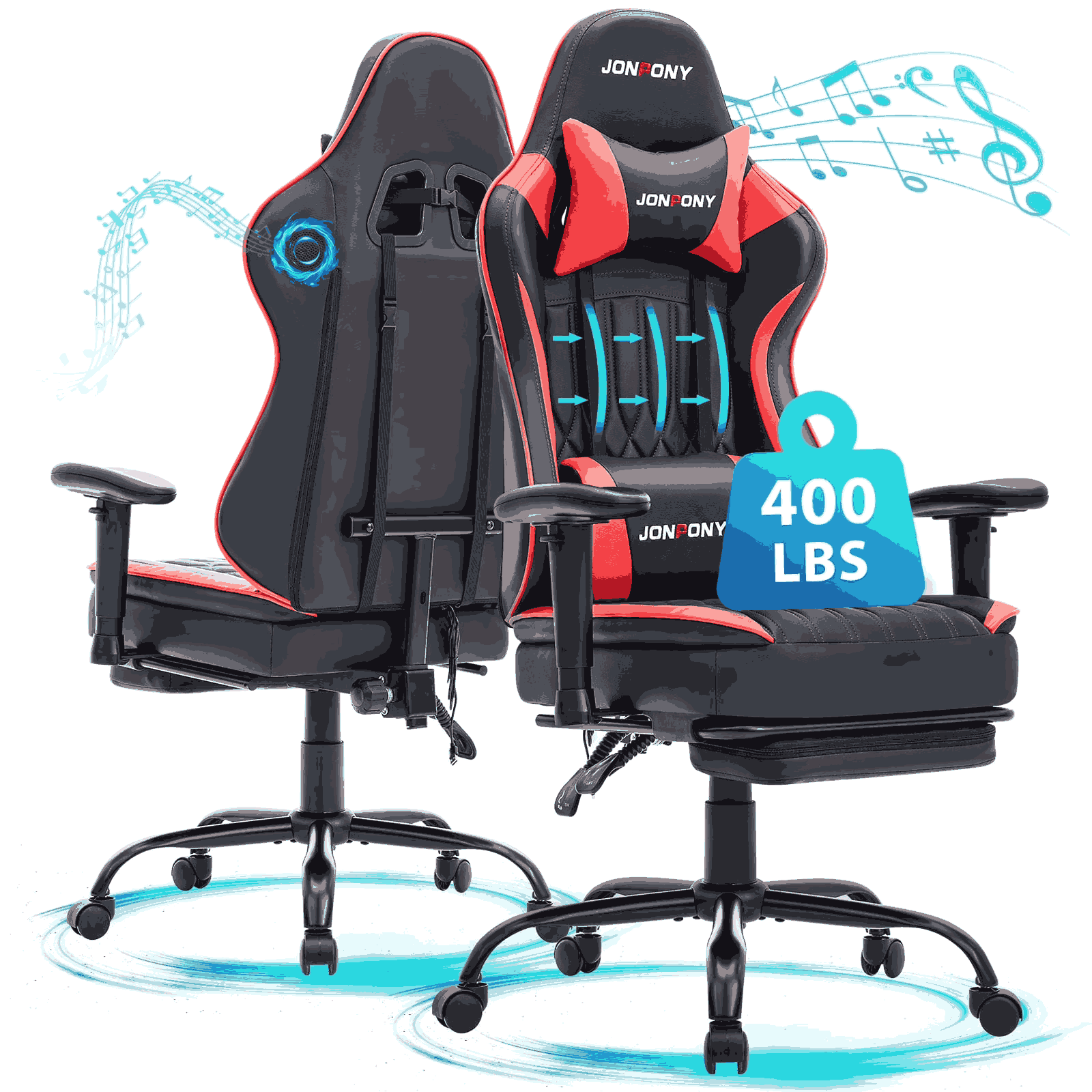 thumbnail video image 2 of JONPONY Big and Tall 400lbs Gaming Chair with Bluetooth Speakers, Gamer Chair with Footrest and Lumbar Support & 360-Swivel Seat, Ergonomic Gamer Chair with Headrest, Red, 2 of 9