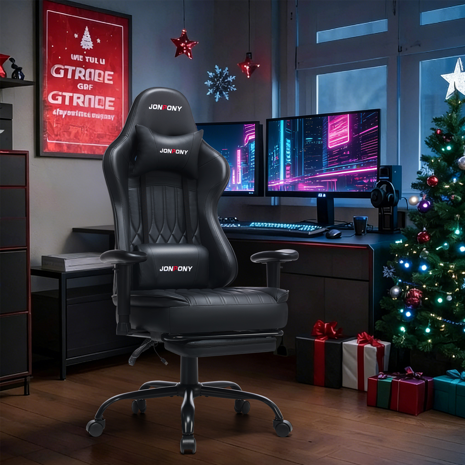 thumbnail video image 2 of JONPONY Big and Tall 500lbs Gaming Chair with Bluetooth Speakers, Gamer Chair with Footrest and Lumbar Support & 360-Swivel Seat, Ergonomic Gamer Chair with Headrest, Black, 2 of 9