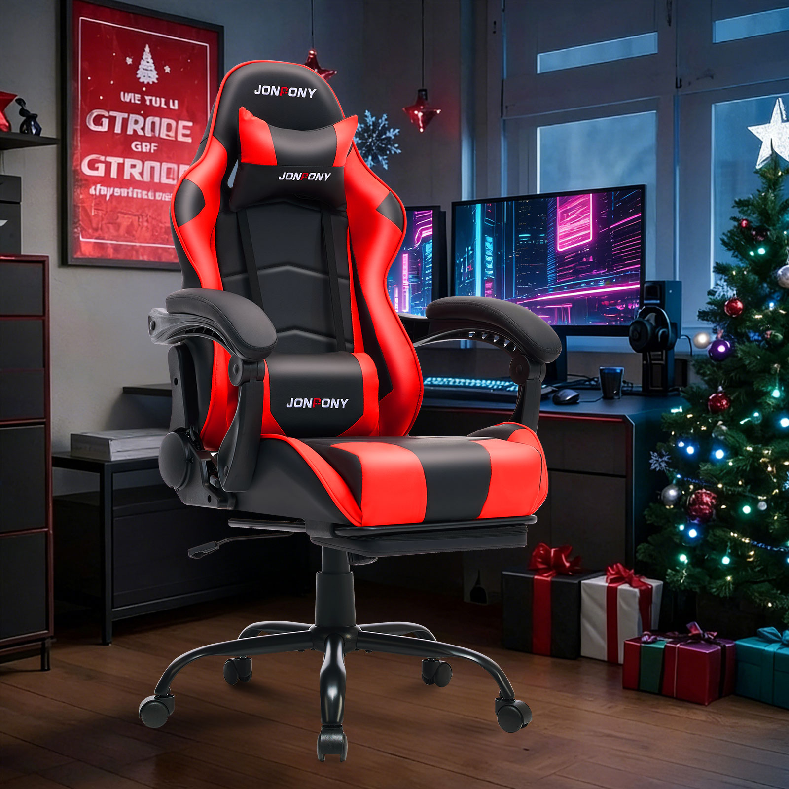 thumbnail video image 2 of JONPONY Big and Tall 500LBS Gaming Chair, Ergonomic Design, Gamer Chair PU Leather with Footrest and Lumbar Support, High Back Office Chair Support, Long Sitting Computer Chair, Red, 2 of 9