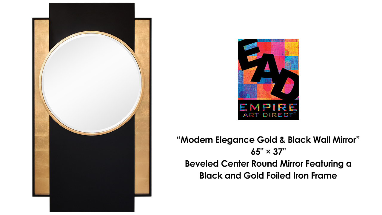 thumbnail video image 2 of "Modern Elegance Gold and Black Wall Mirror", 37"x65", Beveled Center Round Mirror Featuring a Black and Gold Foiled Iron Frame, 2 of 13