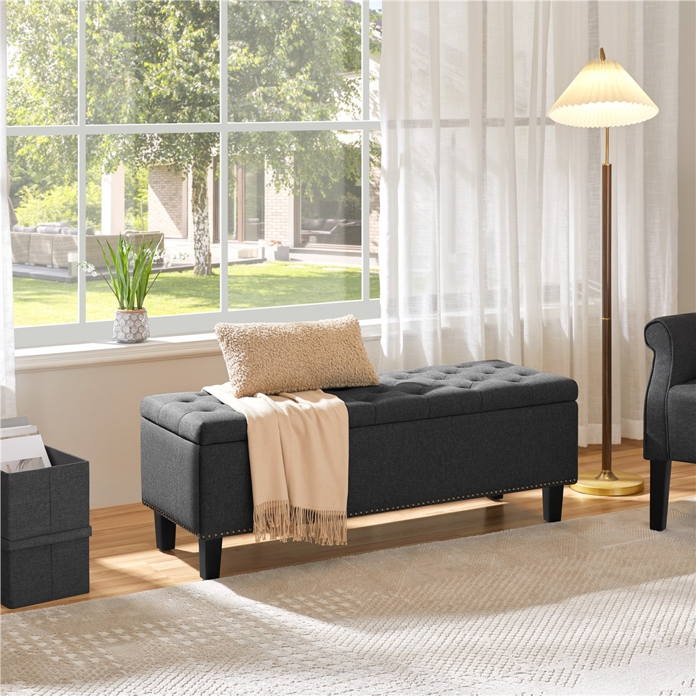 thumbnail video image 2 of Alden Design 49in Modern Tufted Storage Bench for Entryway Bedroom, Dark Gray, 2 of 11