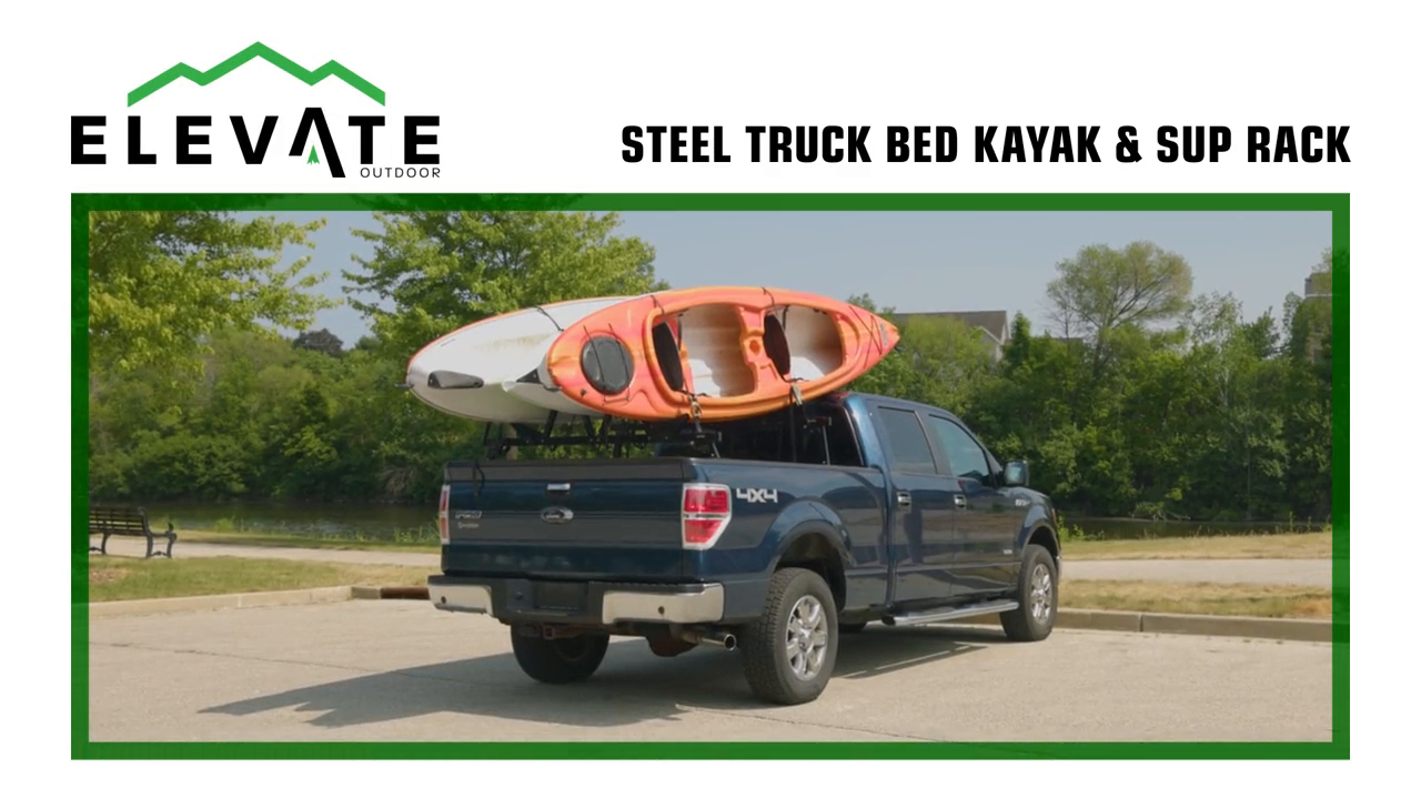 thumbnail video image 2 of Truck Bed Kayak / SUP Rack, 150 lb Cap, Fits 54in to 64in Beds, No-Drill, Elevate Outdoor, 2 of 7