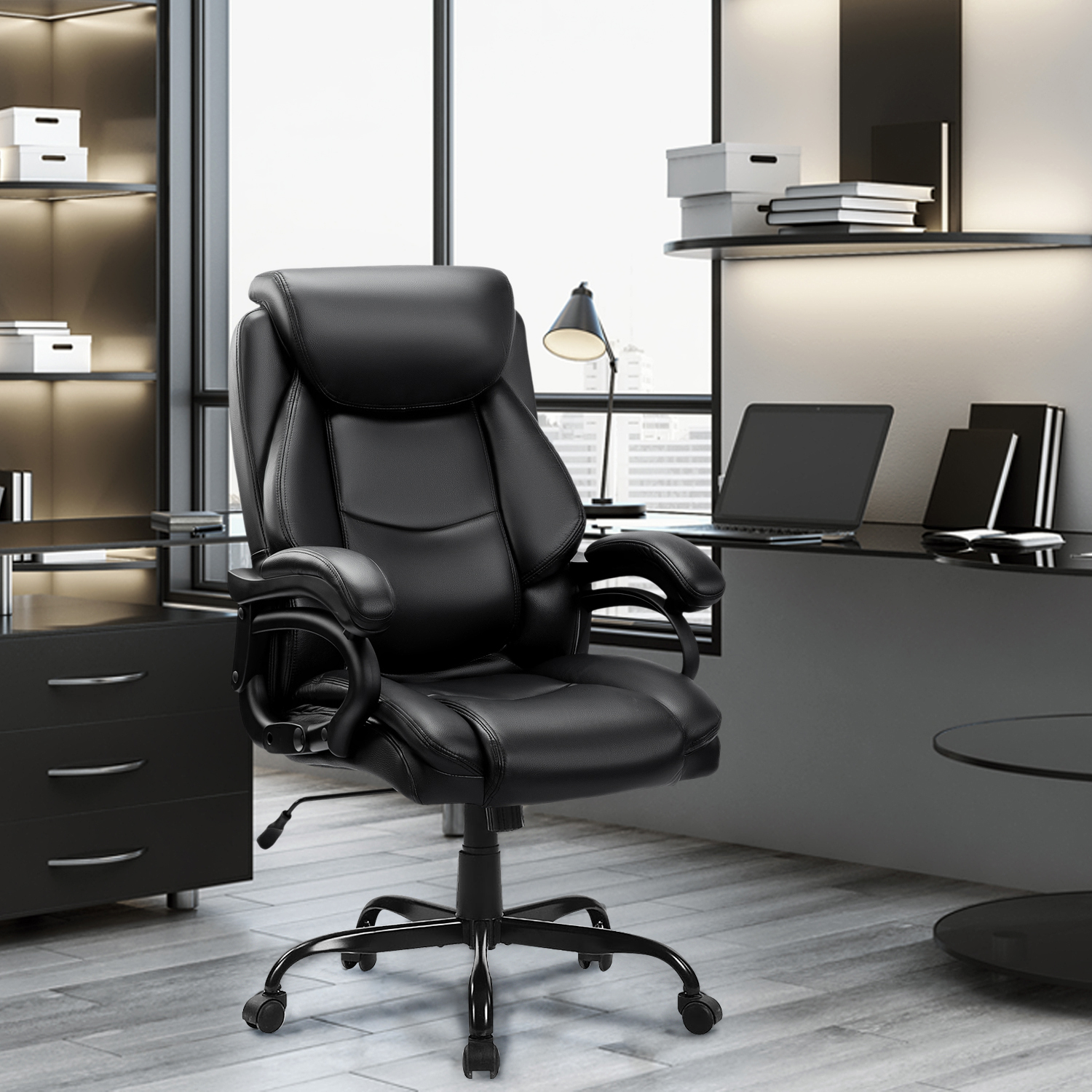 thumbnail video image 2 of JONPONY Big and Tall Office Chair 500LBS Wide Seat Ergonomic Computer Desk Chair High Back Executive Leather Chair Adjustable Task Chair Lumbar Back Support 8 Hours Heavy Duty Design,Black, 2 of 10