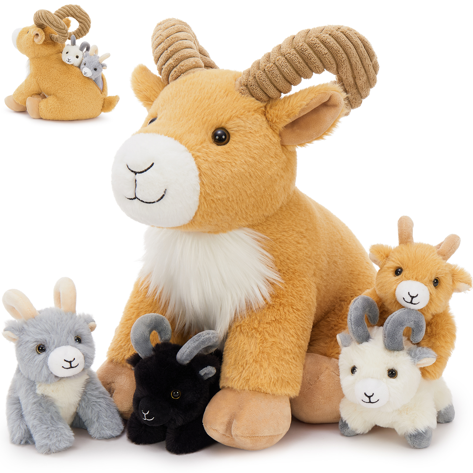 thumbnail video image 2 of MaoGoLan 5pcs Goat Stuffed Animals 14.6'' Mommy Plush Goat with 4 Different Stuffed Goat Babies Inside, 2 of 8