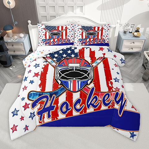 thumbnail video image 2 of Homewish Teens Ball Game Full Size Comforter Sets,Hockey Sport Theme Bedding Comforter Set,White Blue Bedding Sets For Boys Kids,Luxury Bedroom Decor Reversible,3pcs, 2 of 9