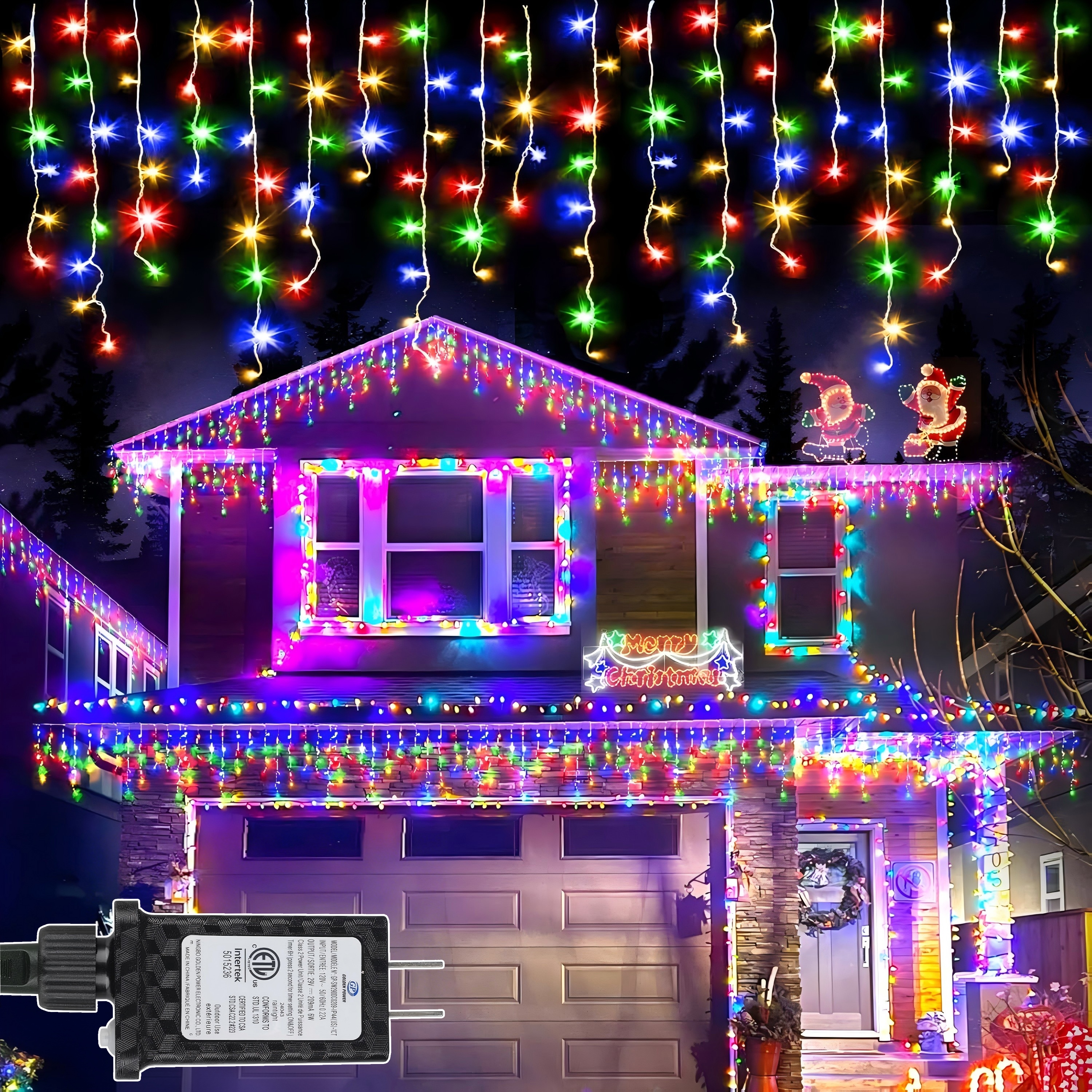 thumbnail video image 2 of ZOEYKIMLO 29FT Icicle Christmas Lights 180LED, Outdoor Multicolor Christmas String Lights Plug in, 8 Mode for Outside House Yard Patio Eave Decorations, 2PACK, 2 of 8