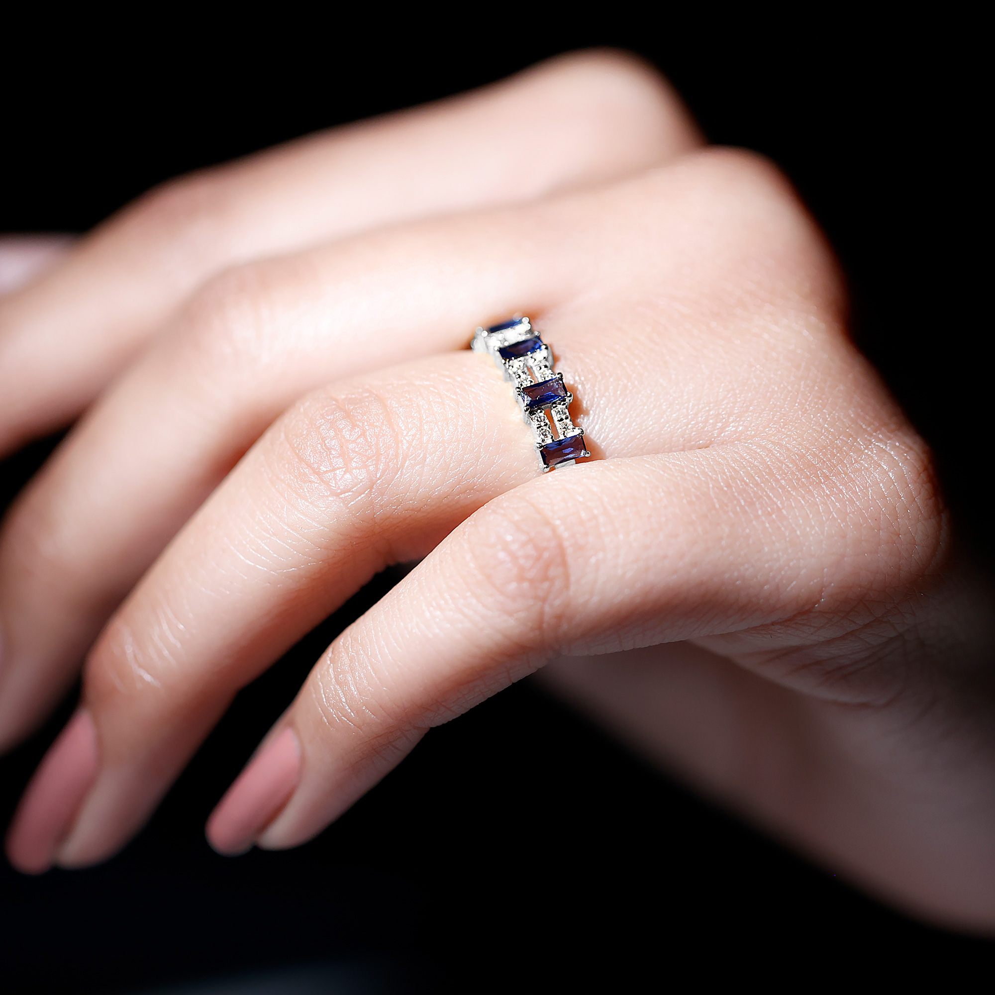 thumbnail video image 2 of Rosec Jewels Lab Grown Blue Sapphire Half Eternity Ring for Women - Baguette Sapphire Diamond Ring - AAAA Quality, 925 Sterling Silver, US 11.50, 2 of 9
