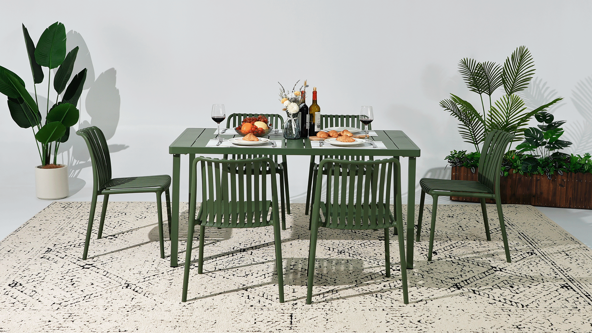 thumbnail video image 2 of WestinTrends Playa 7-Piece Outdoor Patio Dining Table Set With Stackable Patio Chairs, Olive Green, 2 of 16