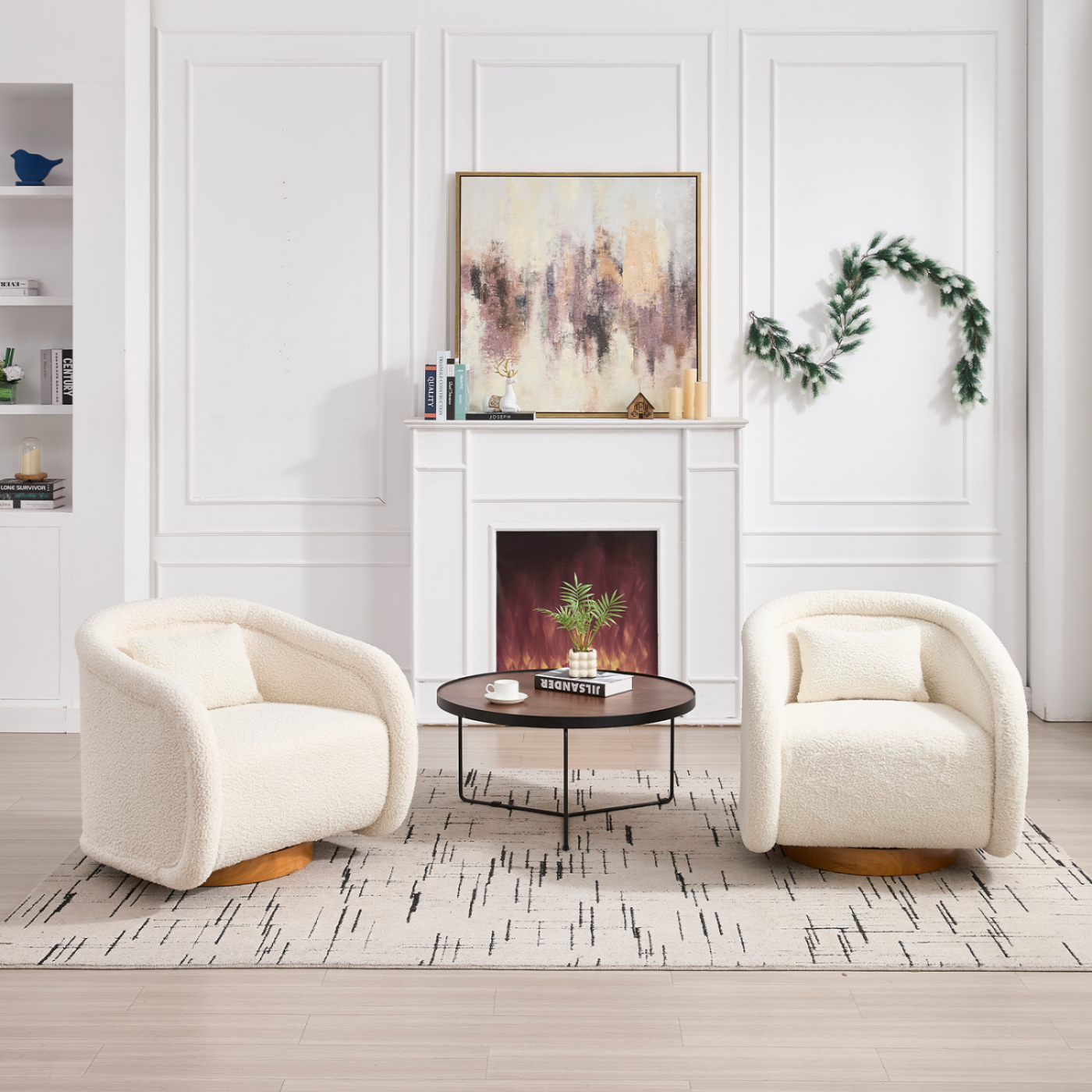 thumbnail video image 2 of Teddy Boucle Swivel Barrel Accent Chair - 360 Degree Solid Wood Base, Modern Upholstered Comfy Reading Chair for Living Room/Bedroom/Apartment Office, 2 of 14