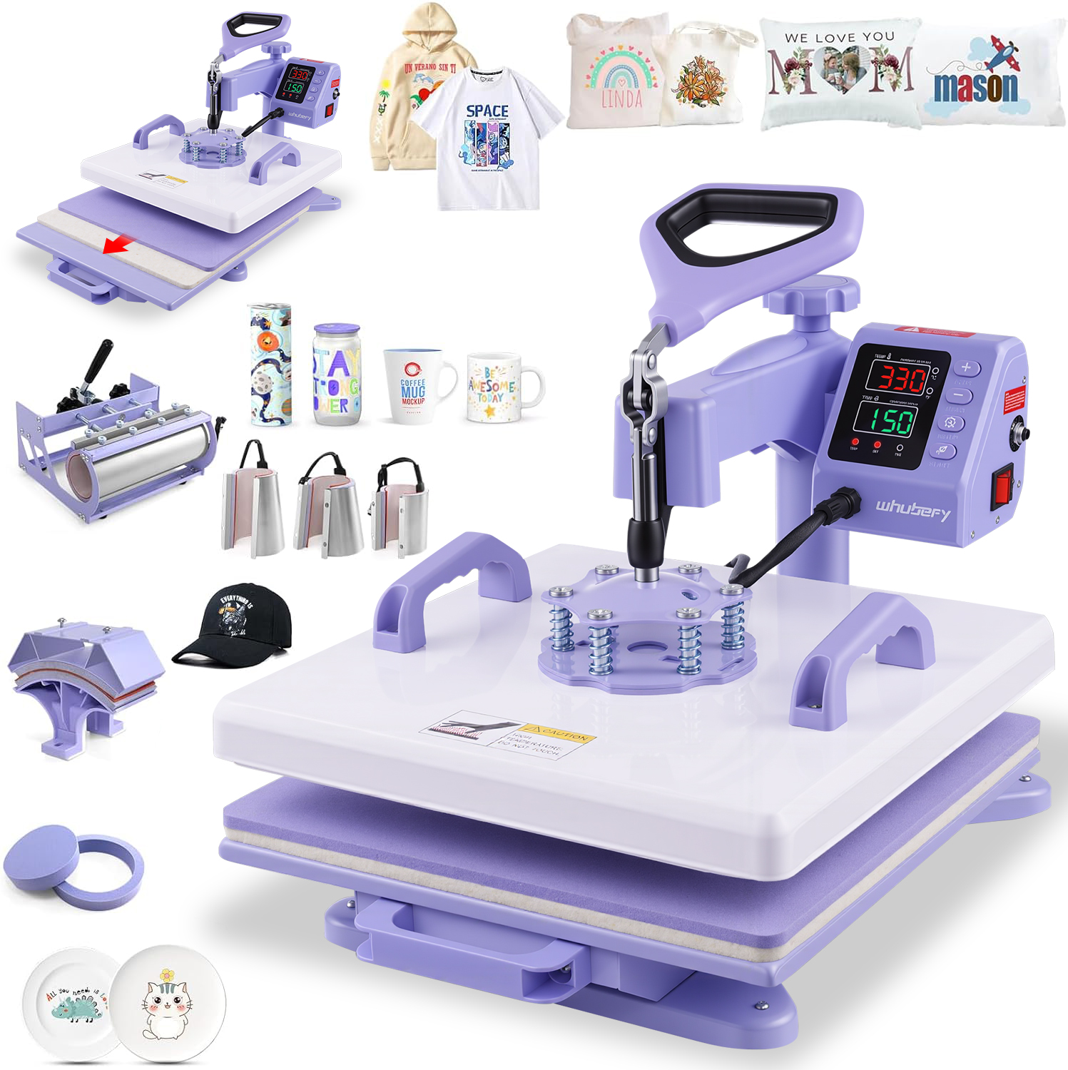 thumbnail video image 2 of Adnoom Heat Press 15x15, 8 in 1 Multifunctional Shirt Press Machine Combo, 360° Swing Away Sublimation Heat Transfer with LED Display for T-shirts Mugs Hat Plate Cap, Purple, 2 of 10