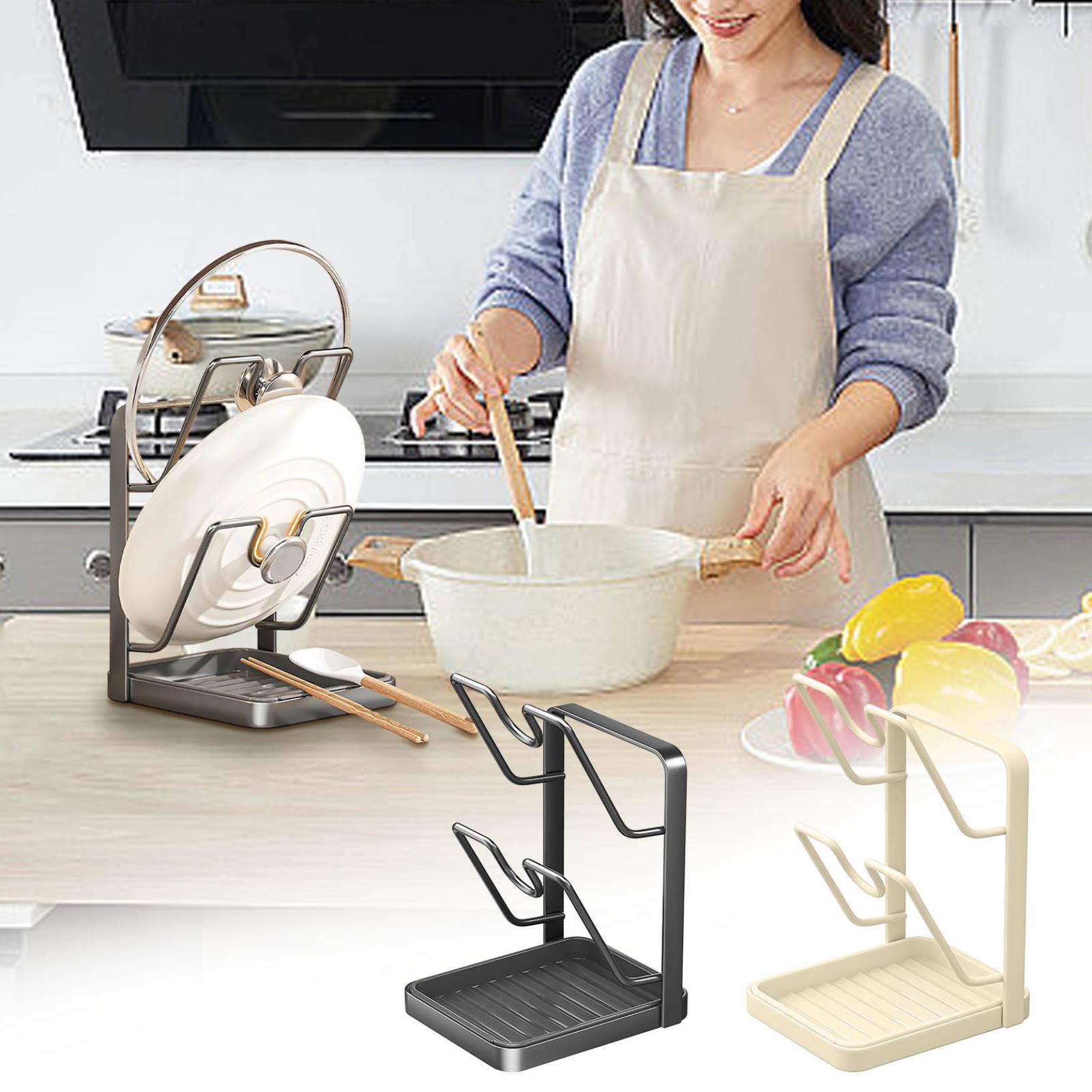 thumbnail video image 2 of Pot Lid Holder, Spoon Rest, Vegetable Board Drainage Rack, Multifunctional Stainless Steel Countertop Organizer, 2-Tier Design, Space-Saving, 7.2"x5.4"x8.9", 2 of 8